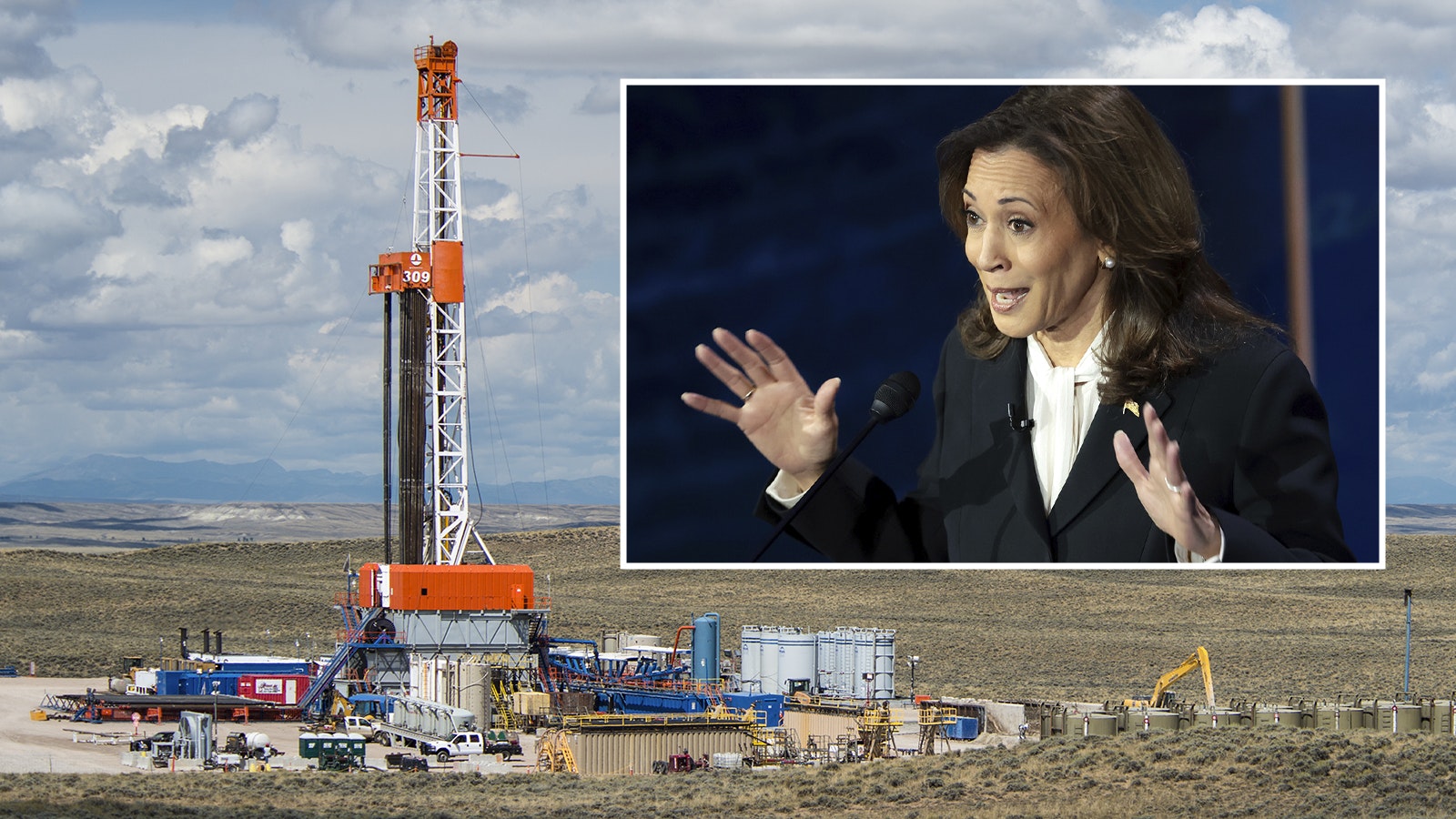 Vice President Kamala Harris during Tuesday's presidential debate on Sept. 10, 2024, and a Wyoming drilling rig.