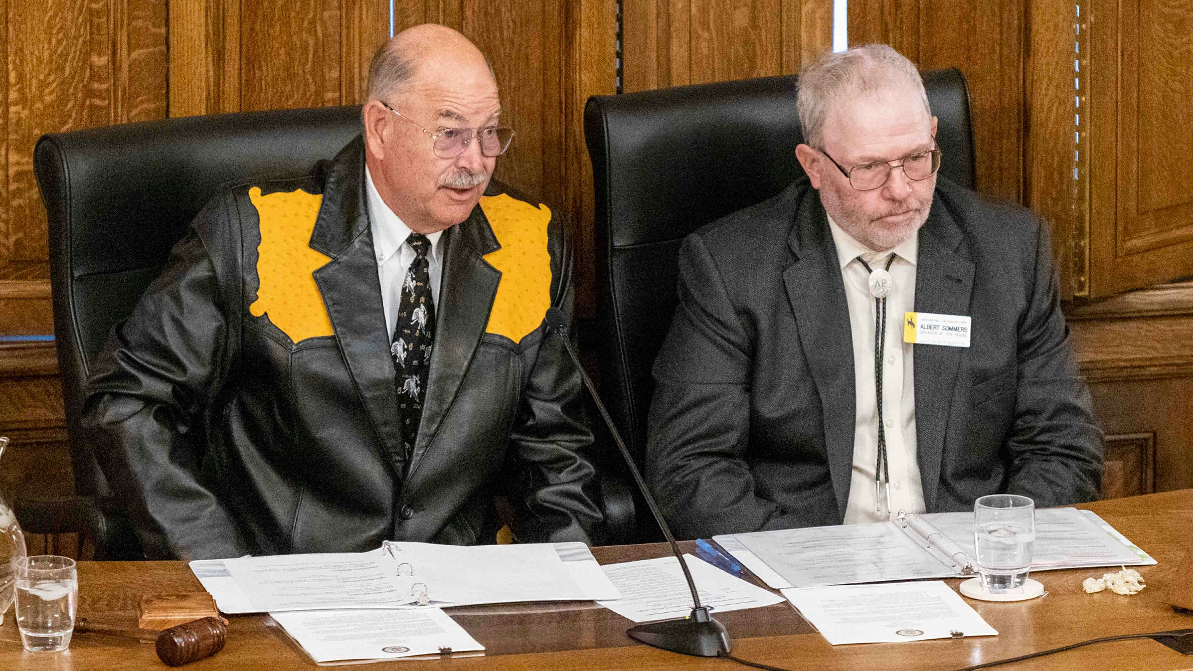 Wyoming Senate President Ogden Driskill, R-Devils Tower, left, and House Speaker Albert Sommers, R-Pinedale, on the first day of the 2024 legislative session at the state Capitol in Cheyenne.