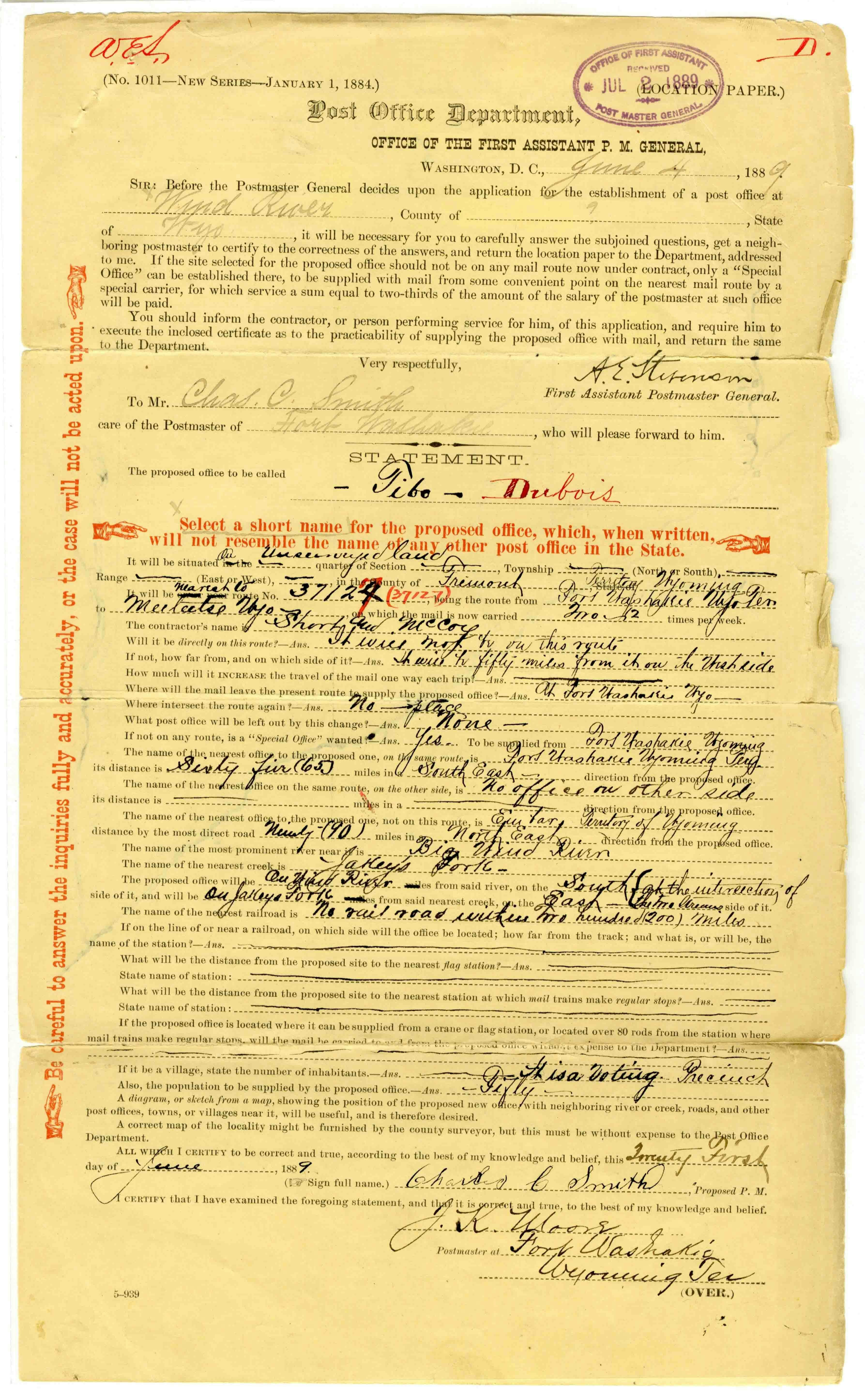 In 1889, Charles Smith formally submitted the application for a Post Office for his community with the name of Tibo. It was later amended in red to Dubois. Since Smith could not write, it is possible that William Lee Simpson actually wrote the application. It is not known who added the name of Dubois although Simpson claimed it was his idea.