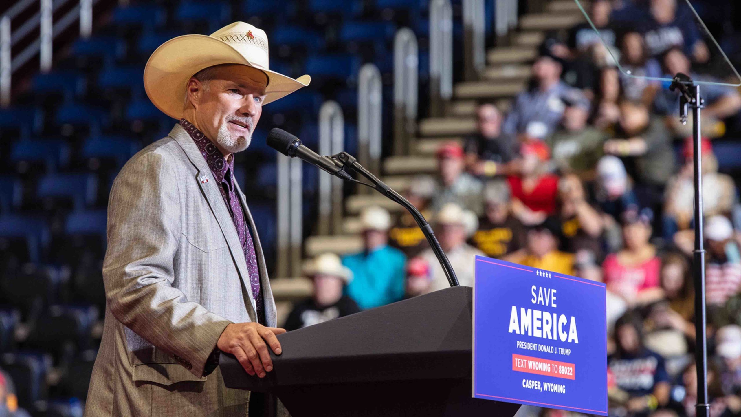Wyoming GOP Chairman Frank Enthrone at a May 2022 rally in Casper with form President Donald Trump.