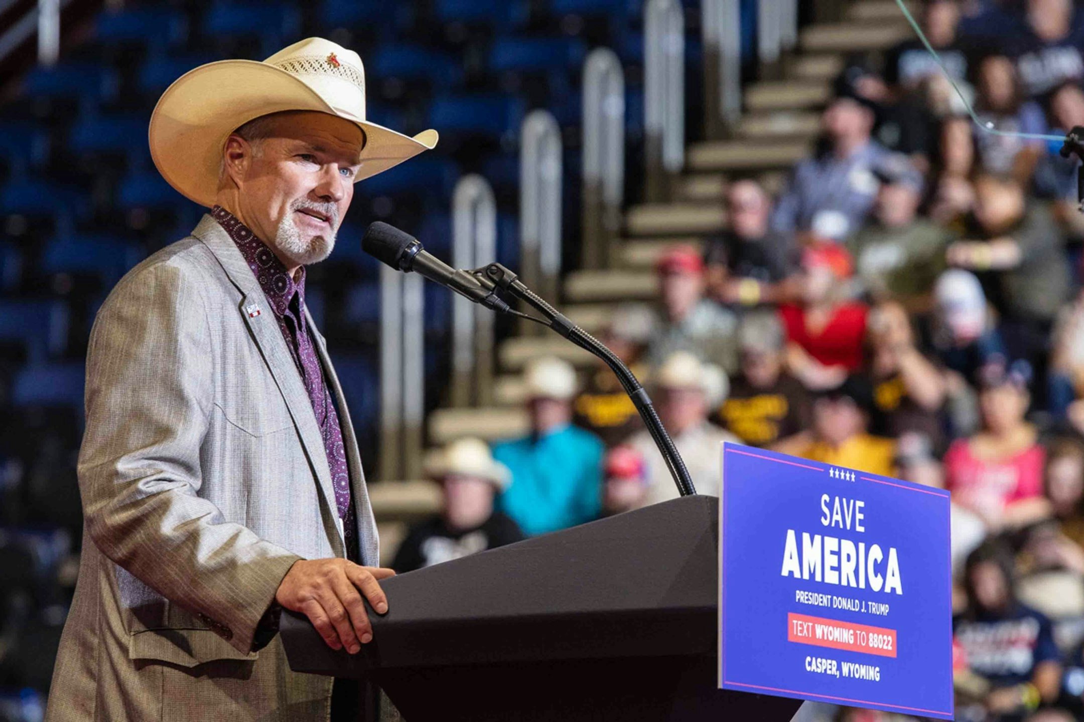 Wyoming GOP Chairman Frank Enthrone at a May 2022 rally in Casper with form President Donald Trump.
