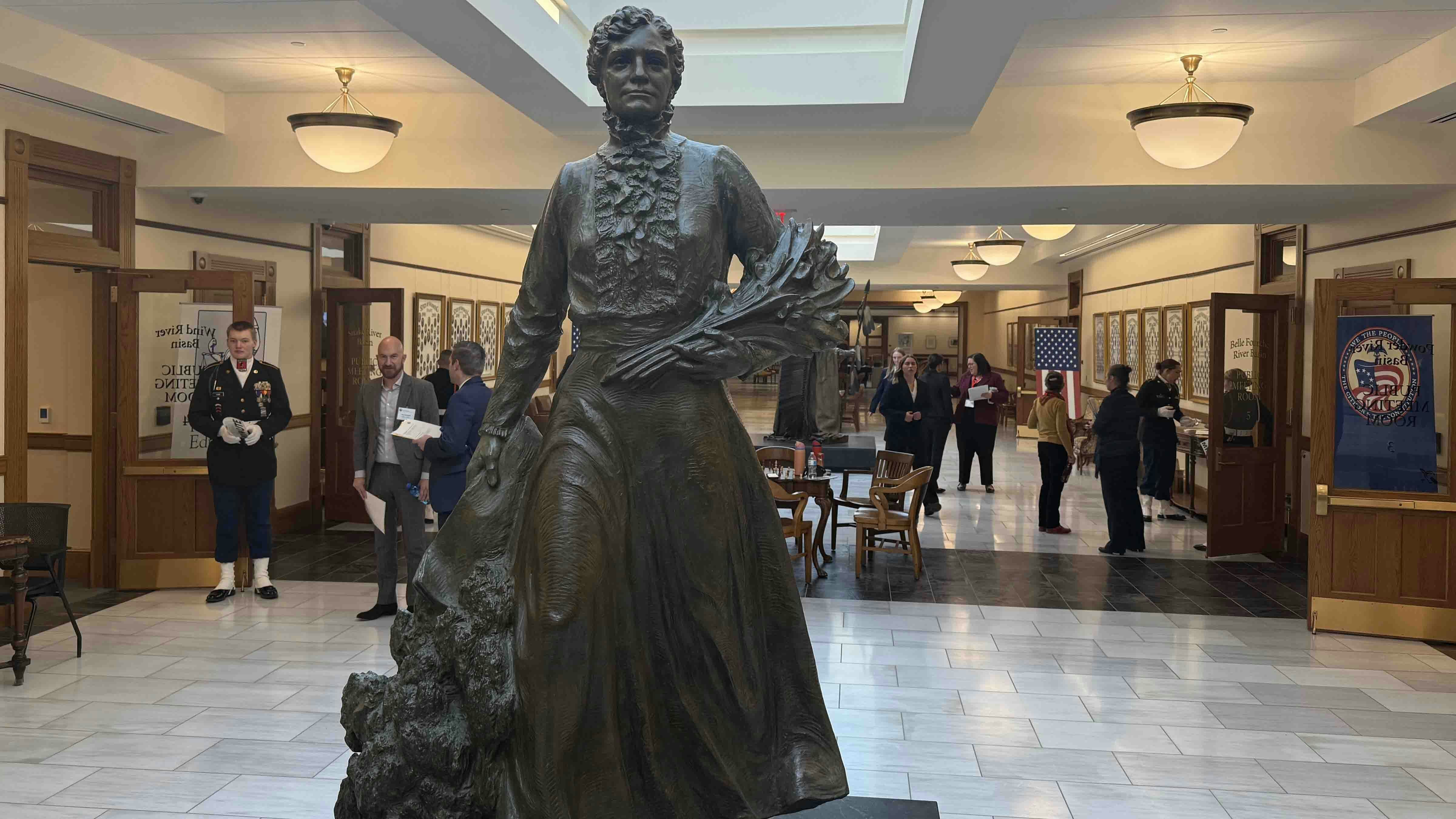 Statue honoring the nation’s first female justice of the peace, Wyoming’s Esther Hobart Morris, in state capitol on Dec 8, 2025