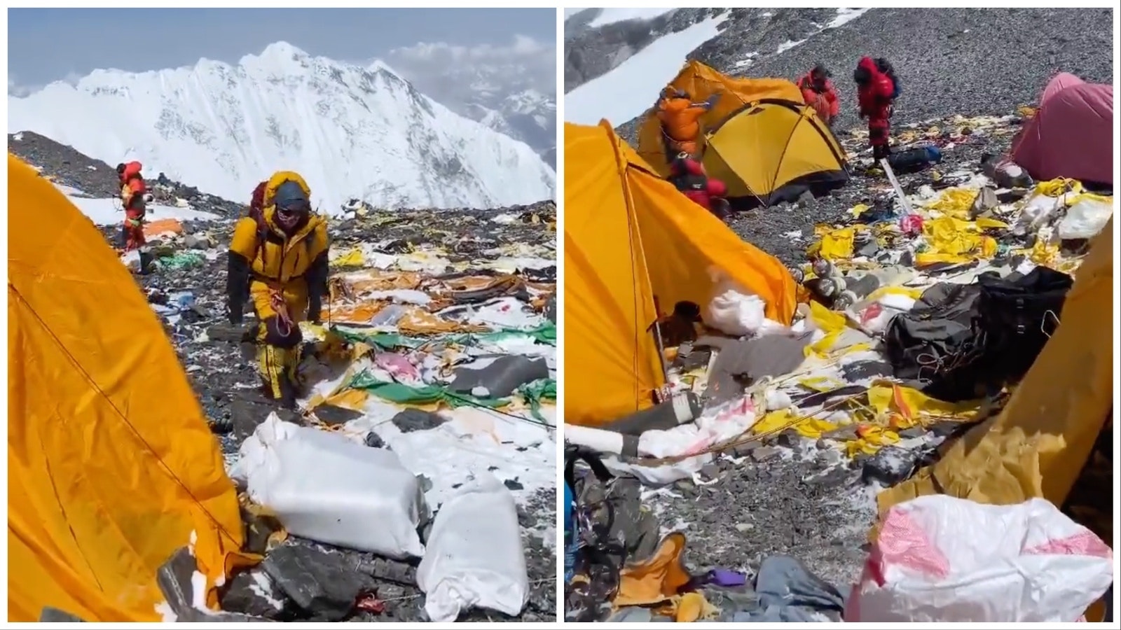These images from a video posted to the Everest Today Twitter feed show how Mount Everest has turned into what some are calling "the world's highest garbage dump."