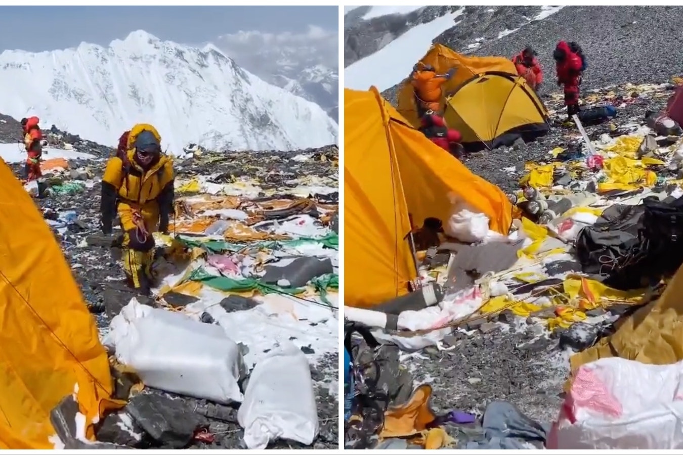 These images from a video posted to the Everest Today Twitter feed show how Mount Everest has turned into what some are calling "the world's highest garbage dump."