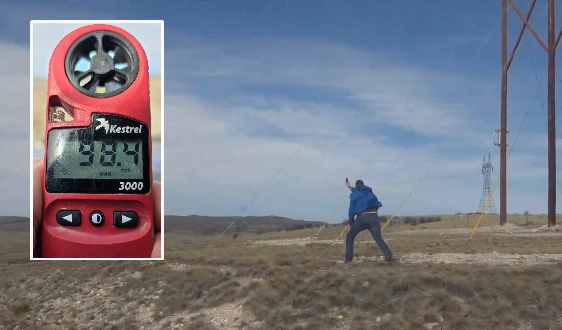 Dan “The Ice Man” Fitts getting blown around, measuring wind speeds at 98.4 mph by hand near Chugwater on Thursday.
