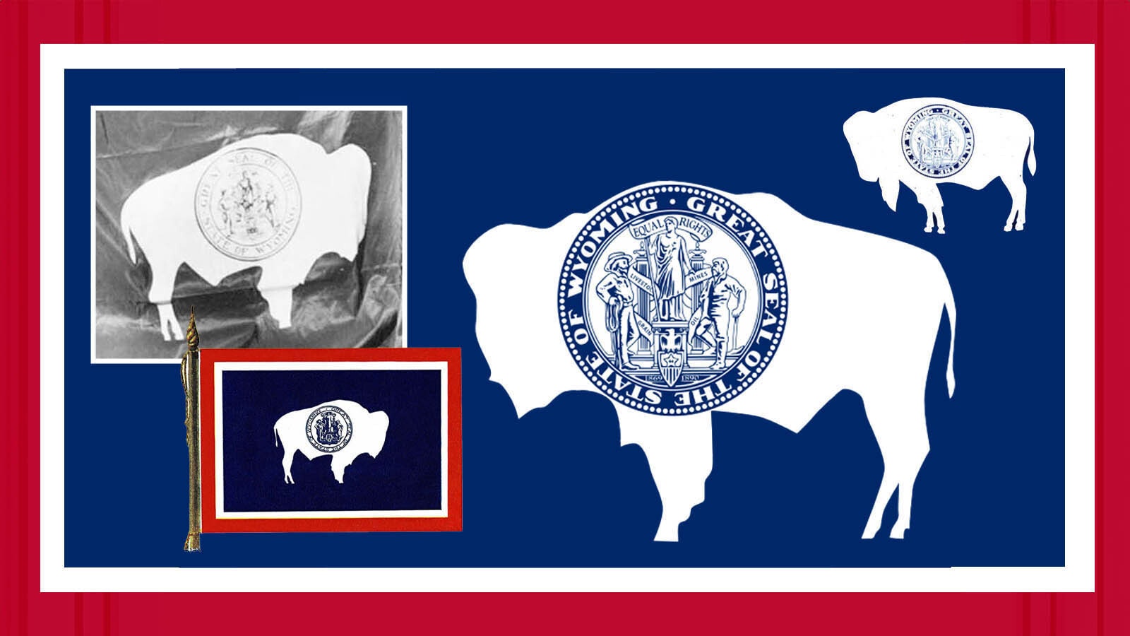 State Statutes spell out many details about the Wyoming flag: colors, sizing, placement of the elements. But not for the large bison that dominates it. That’s why you’ll see many different bison depending on who makes the flag.