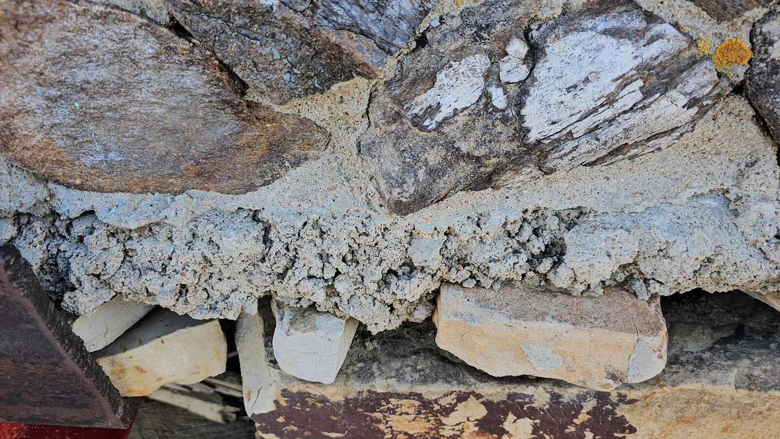 Deteroriating mortar is just one of the structural problems that must be resolved to reopen the Fossil Cabin, relocated in May to Medicine Bow's museum.