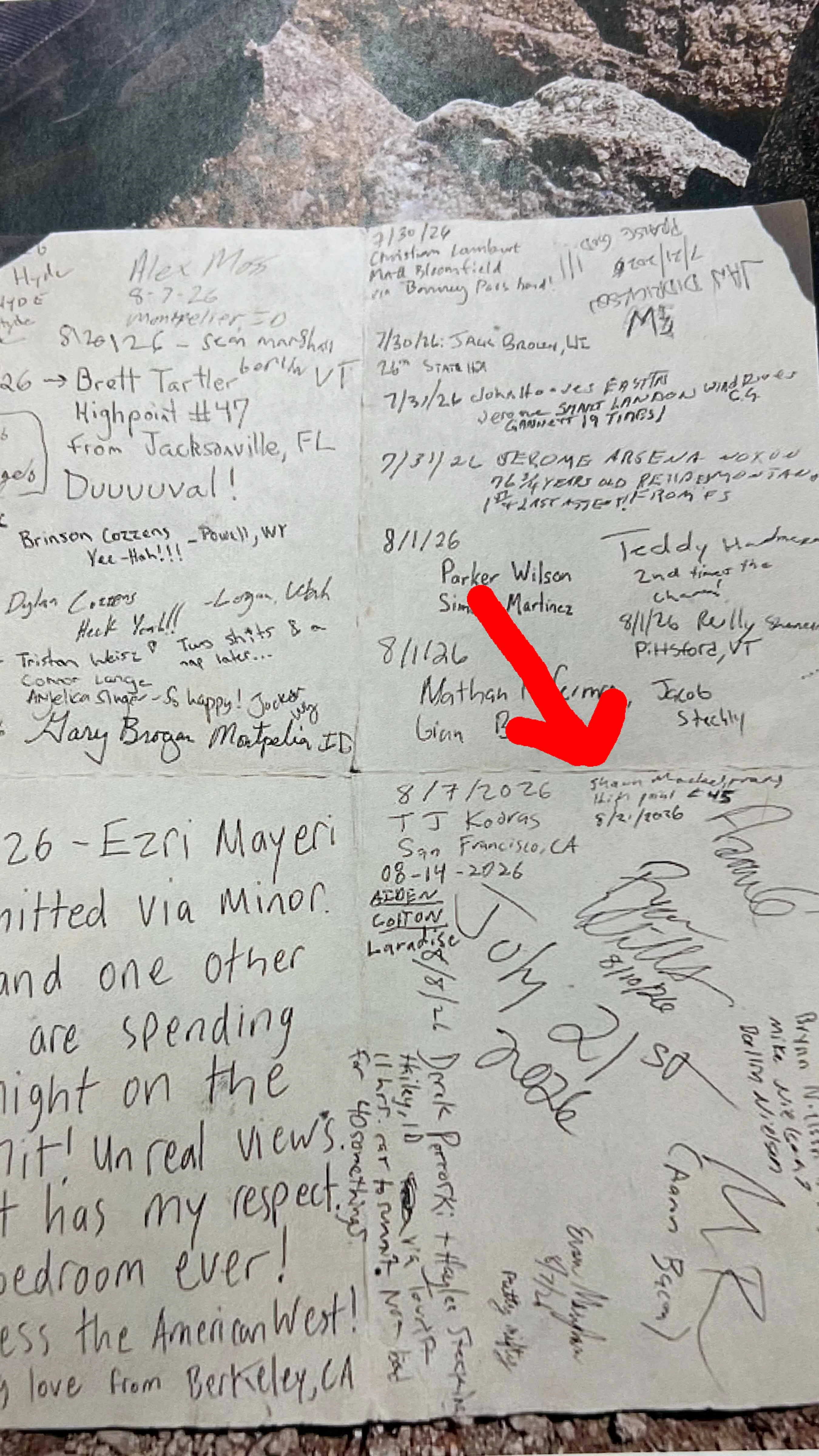 Riley Curtis, Mackelprang's nephew, shared a photo of his signature at the Gannett Peak summit register.
