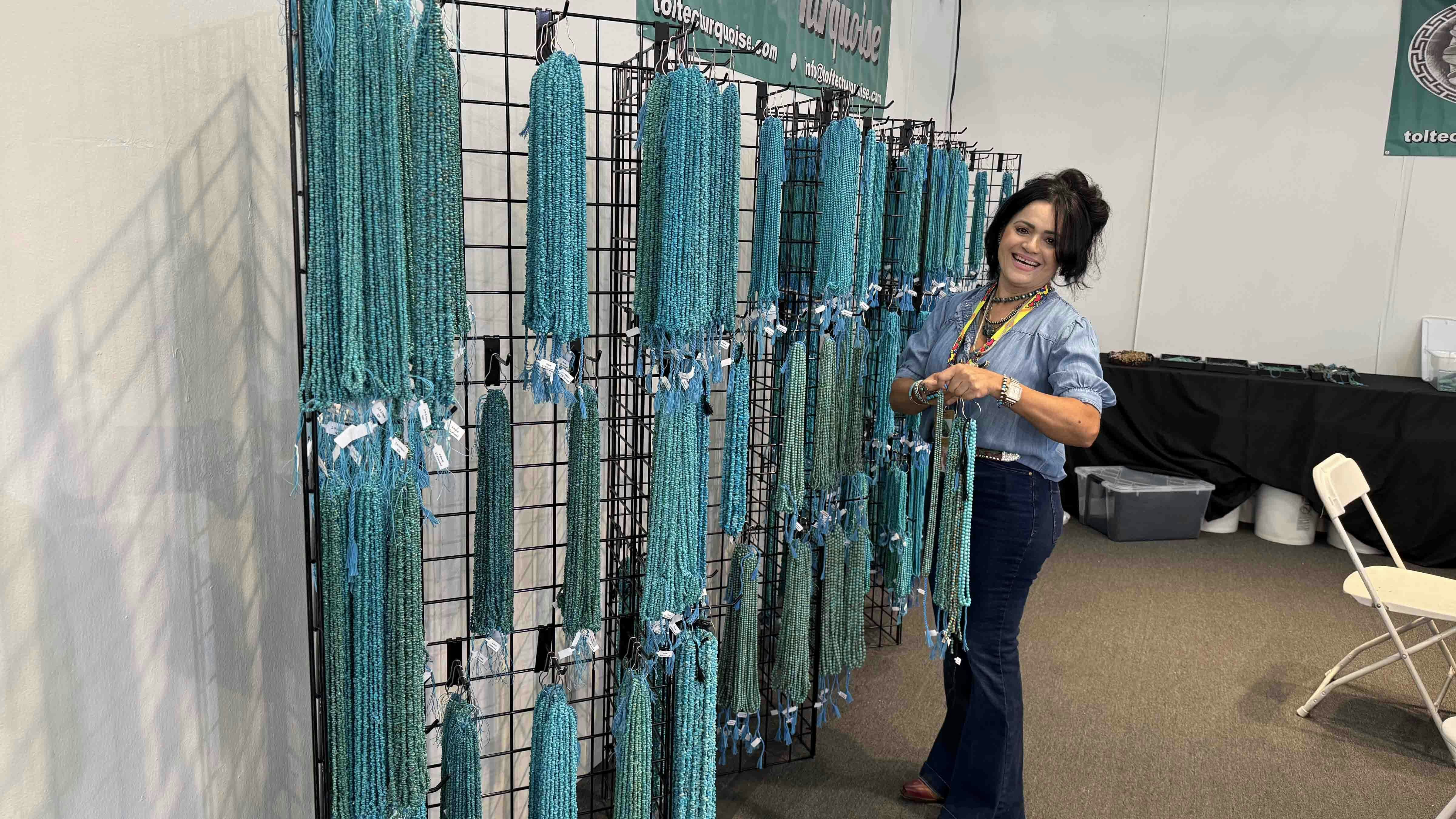 Strands of turquoise for sale at the 2025 Tucson Gem and Mineral Show.