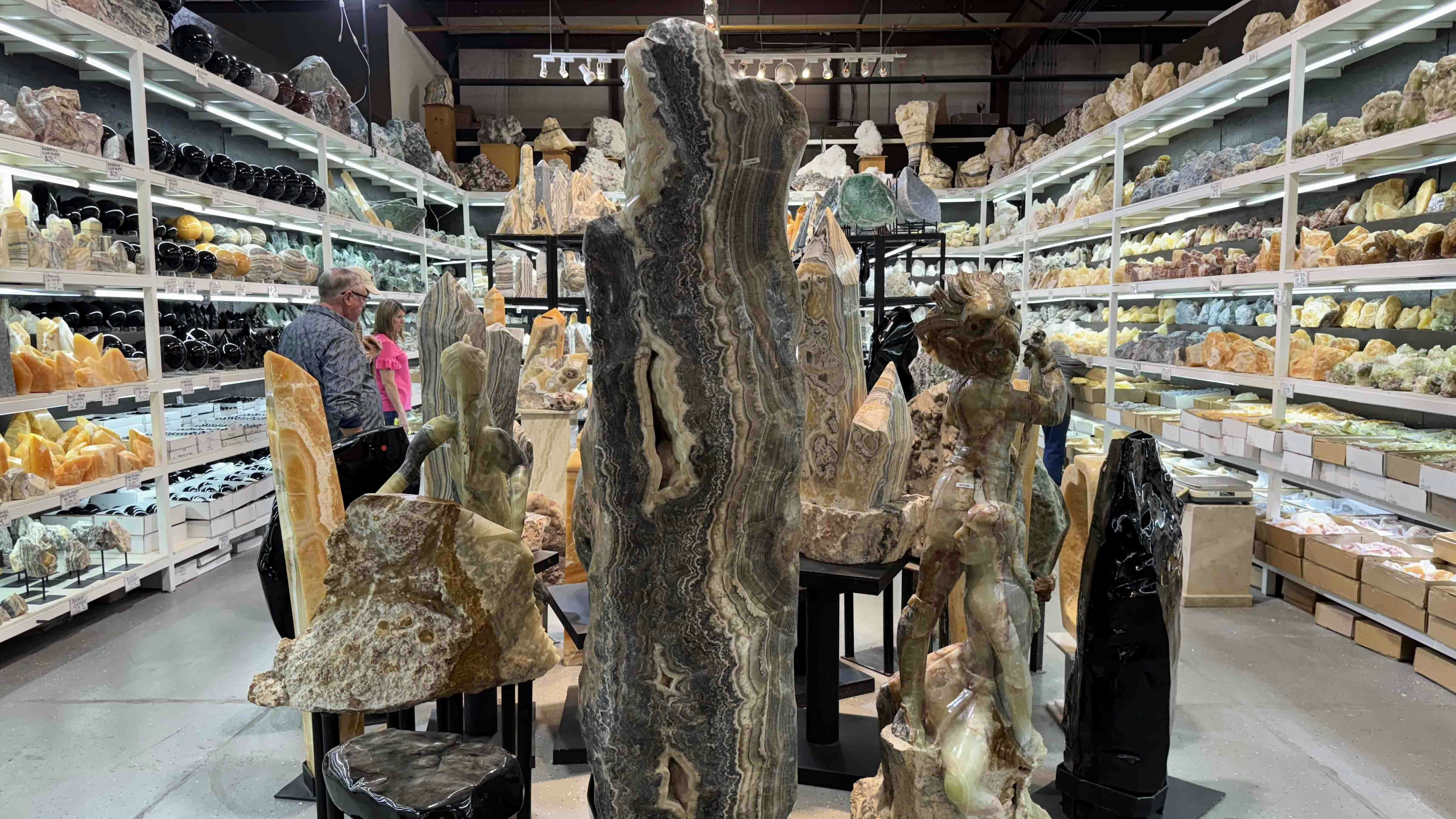 Minerals, natural and carved, on display at The Co-op during the 2025 Tucson Gem and Mineral Show.