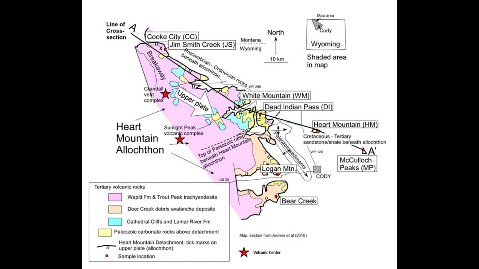 A geologic map showing the "lay of the land" for the Heart Mountain Detachment, which occurred around 49 million years ago. This map shows the formation of Heart Mountain and McCullough Peaks as part of the same event — the largest known landslide in Earth's history. But new research indicates those geologic features were created by another massive landslide that occurred only 2 million years ago.