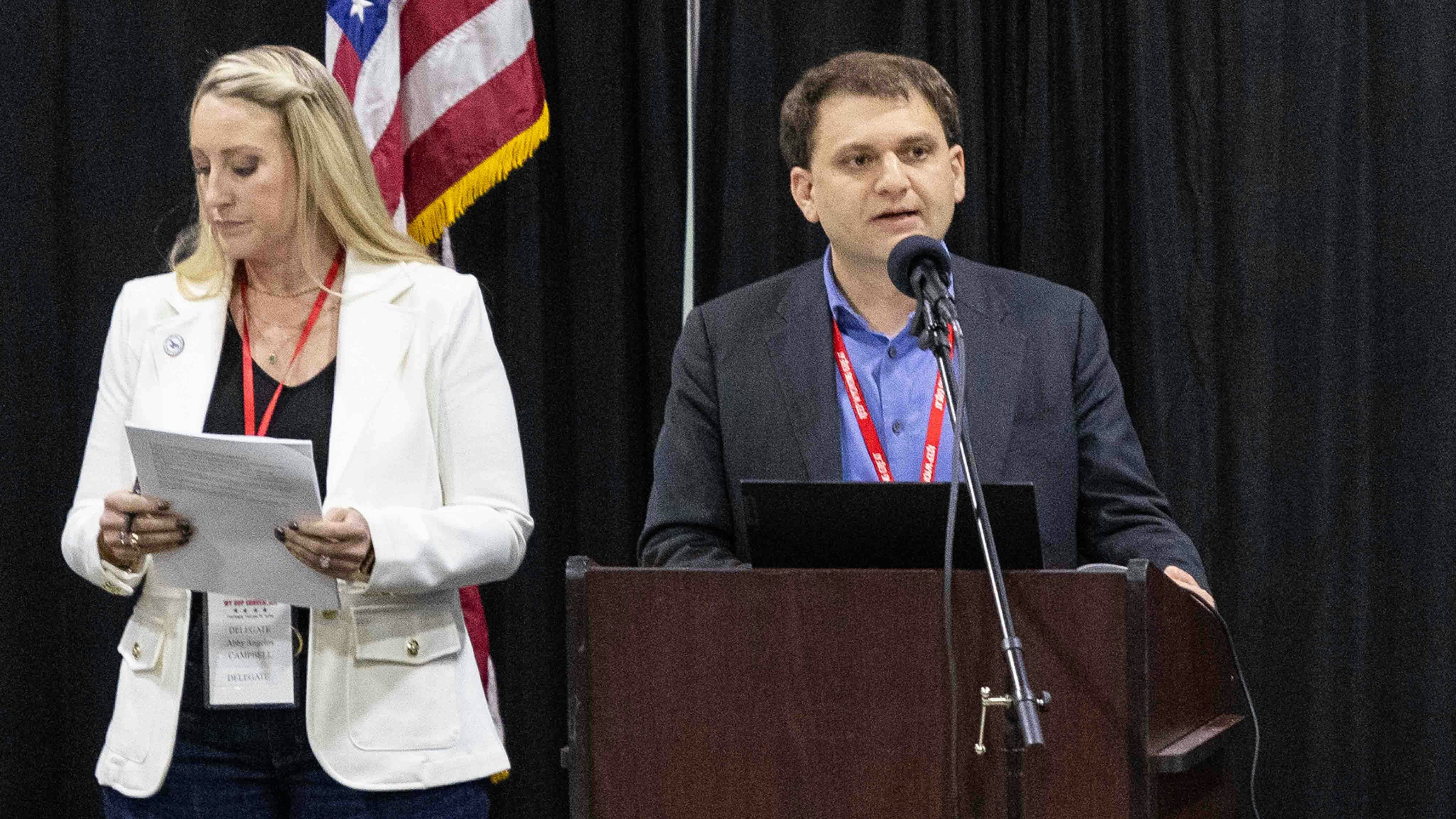 Secretary of State Chuck Gray (right) speaks at the Wyoming Republican Convention on Saturday, April 20, 2024.