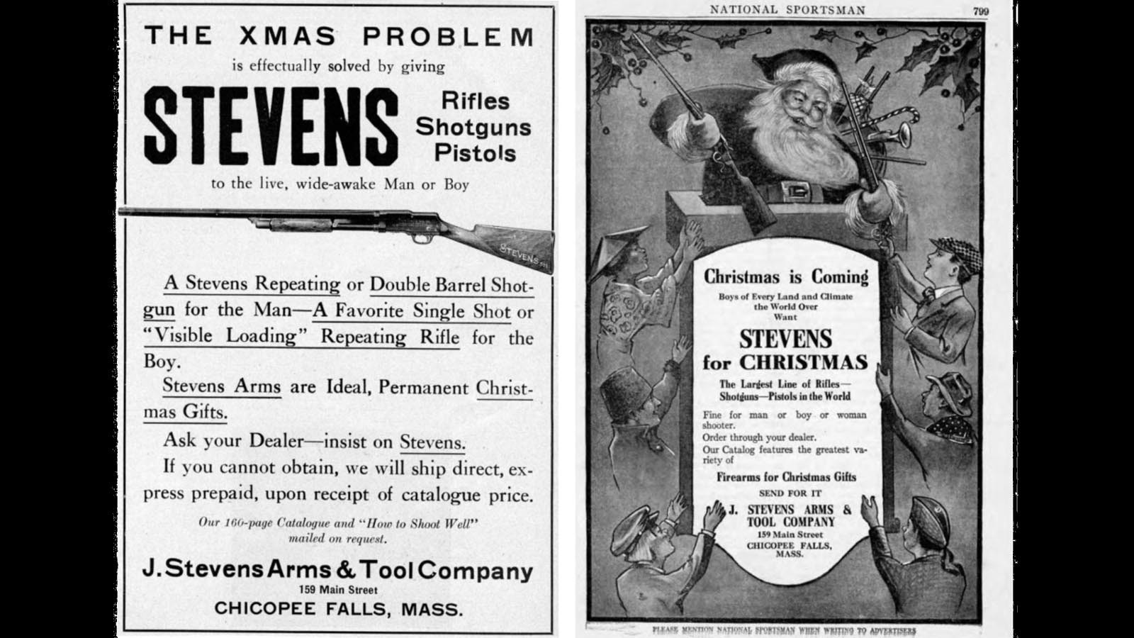 A pair of ads for Stevens firearms in 1910, left, and 1913.