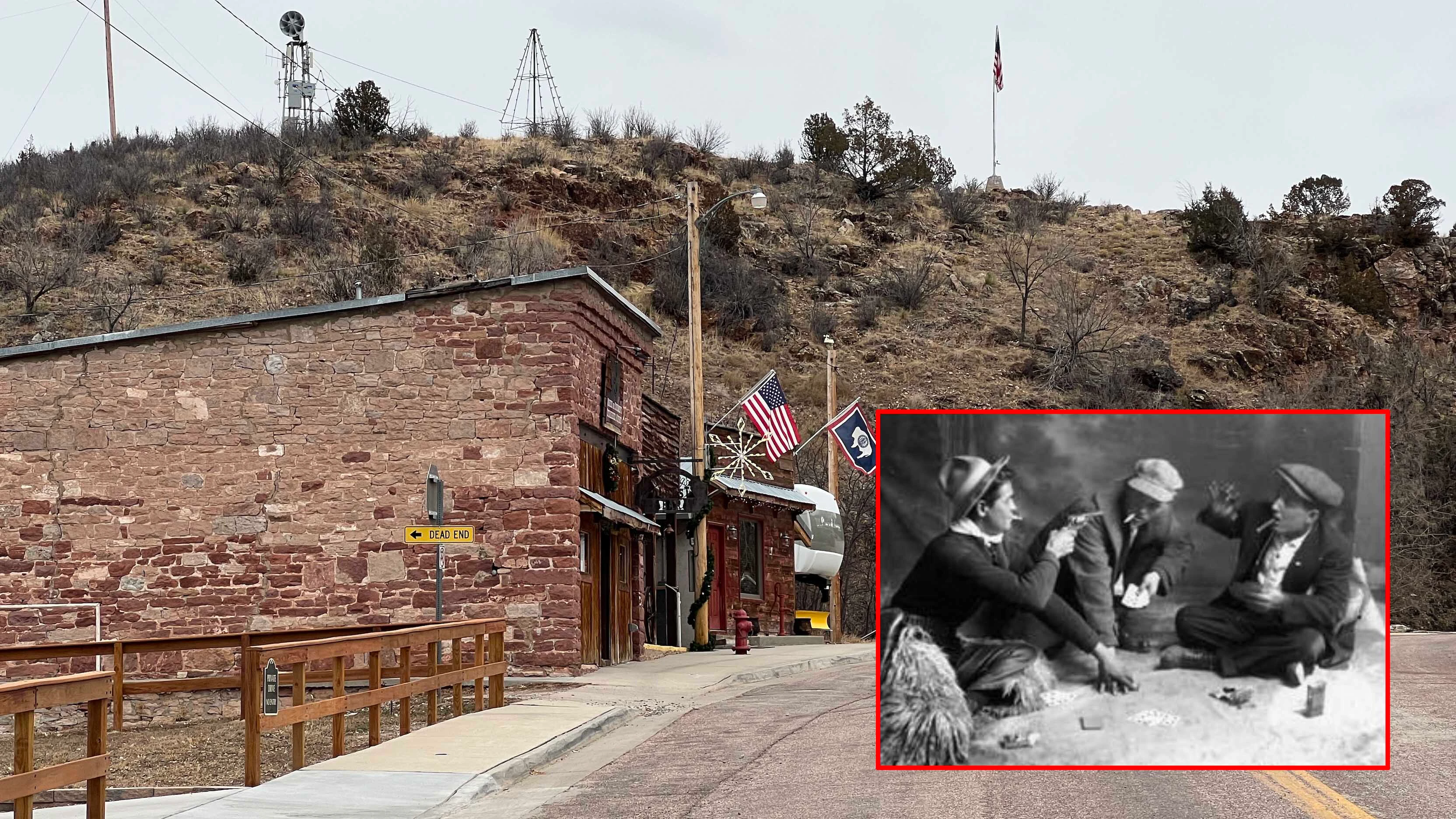 In the mining camp of Hartville (pictured), men took the custom of sitting up all night next to a dead friend to the next level. While playing poker and enjoying a shot of whiskey, they’d make sure the dead man was included as part of his wake. Inset: Poker game from Wyoming State Archives