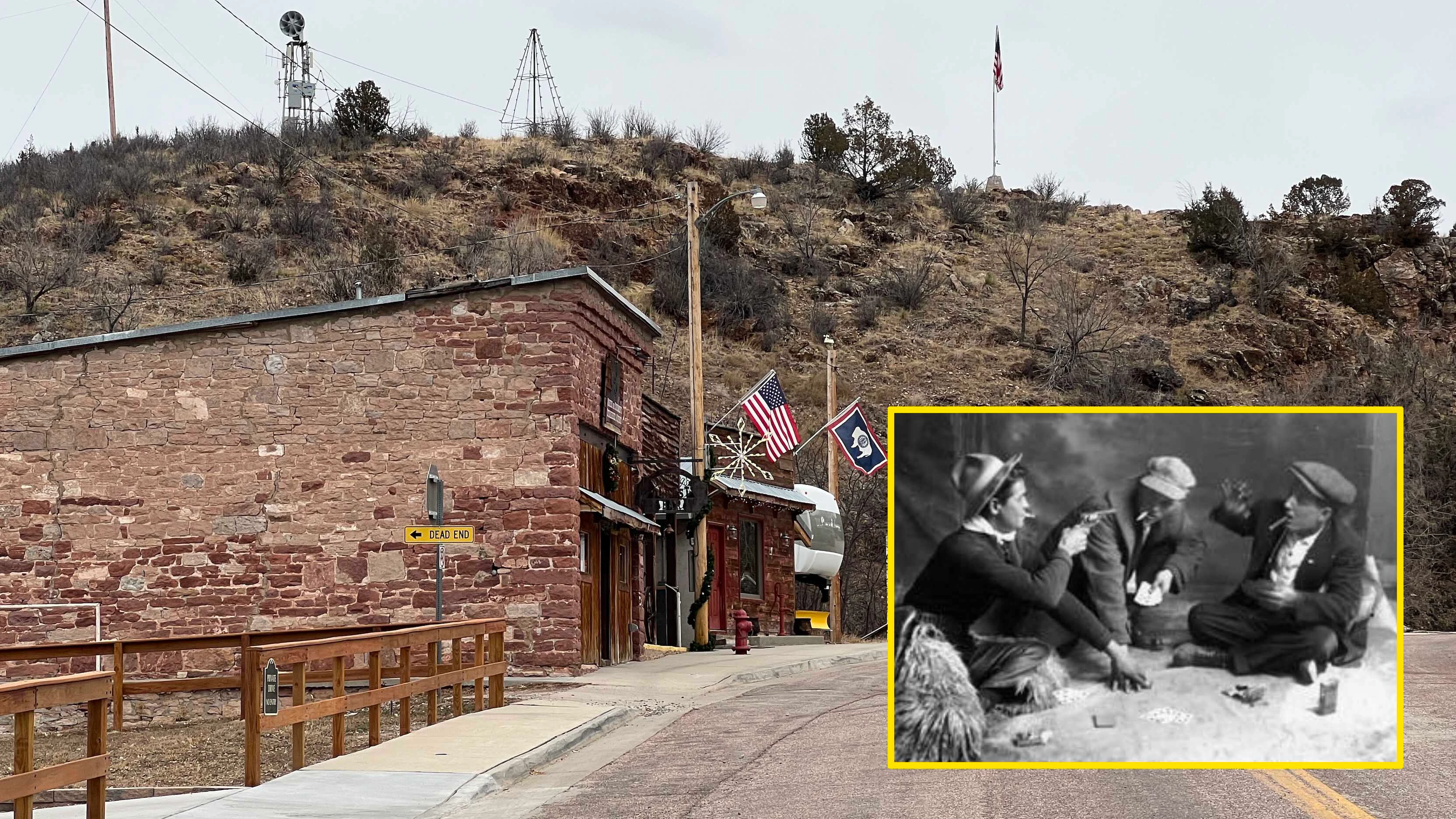 In the mining camp of Hartville (pictured), men took the custom of sitting up all night next to a dead friend to the next level. While playing poker and enjoying a shot of whiskey, they’d make sure the dead man was included as part of his wake. Inset: Poker game from Wyoming State Archives