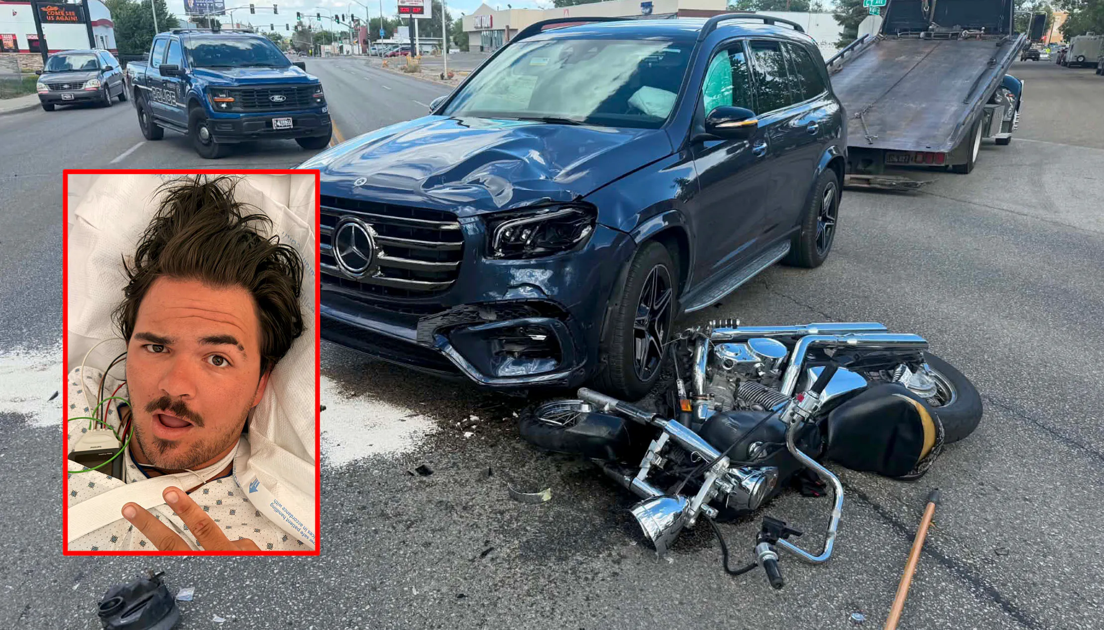 Tanner Holcomb’s motorcycle lies beneath the front of a Mercedes SUV following Wednesday’s crash in Casper. Inset: Holcomb flashes a peace sign from his hospital bed