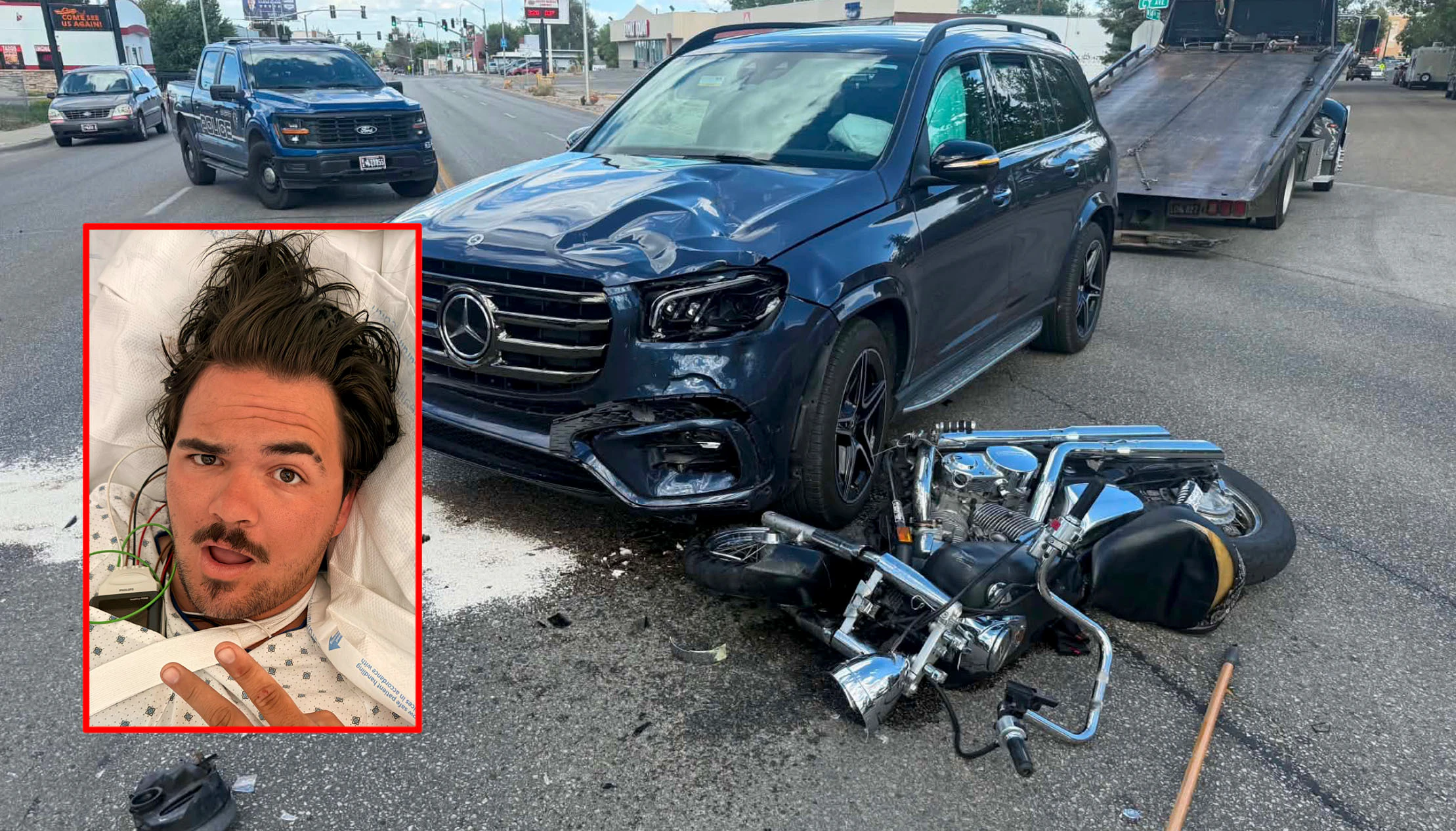 Tanner Holcomb’s motorcycle lies beneath the front of a Mercedes SUV following Wednesday’s crash in Casper. Inset: Holcomb flashes a peace sign from his hospital bed