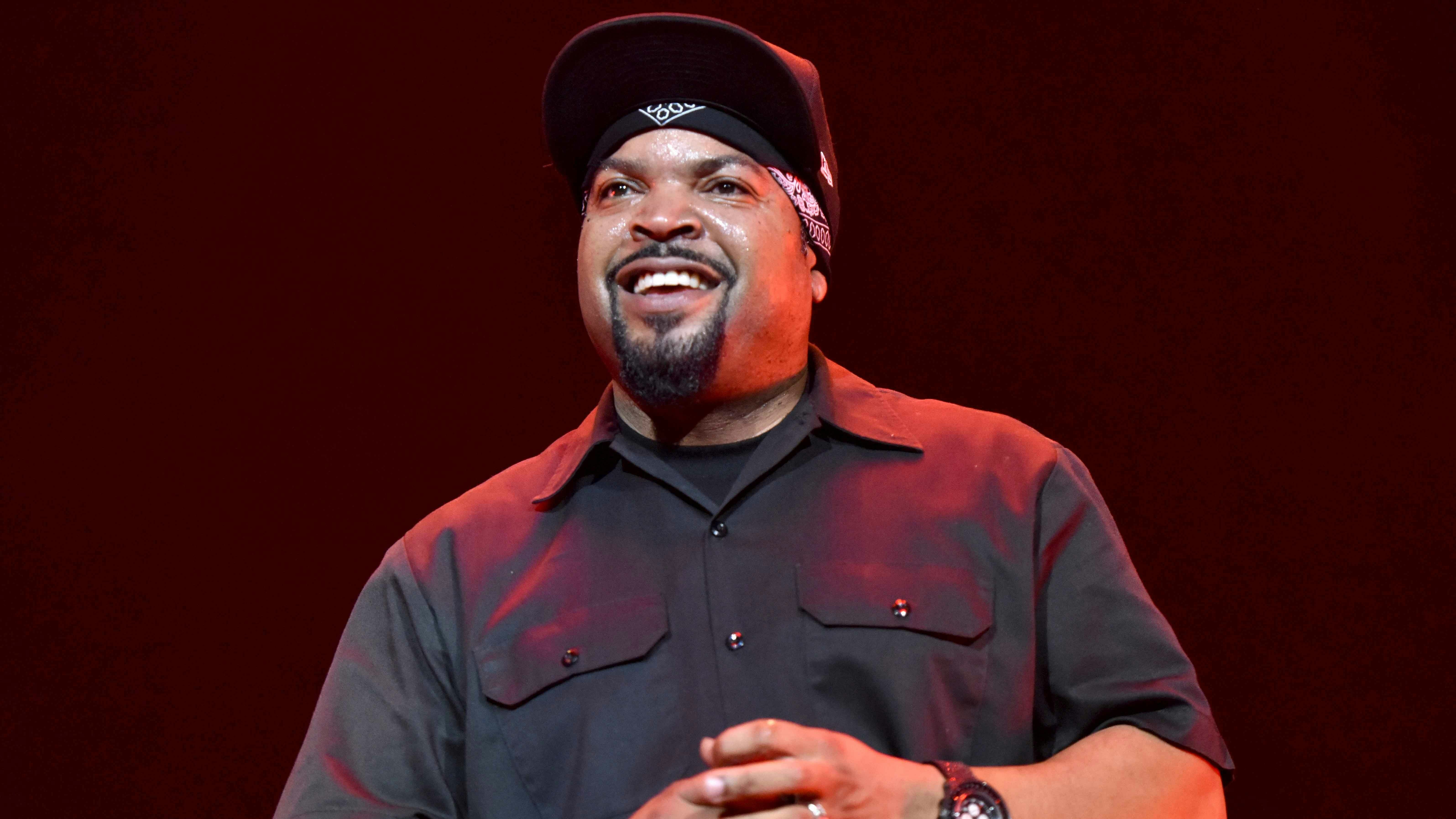 Rapper Ice Cube performs onstage during the Ice Cube, Kendrick Lamar, Snoop Dogg, Schoolboy Q, Ab-Soul, Jay Rock concert at Staples Center in Los Angeles, California.