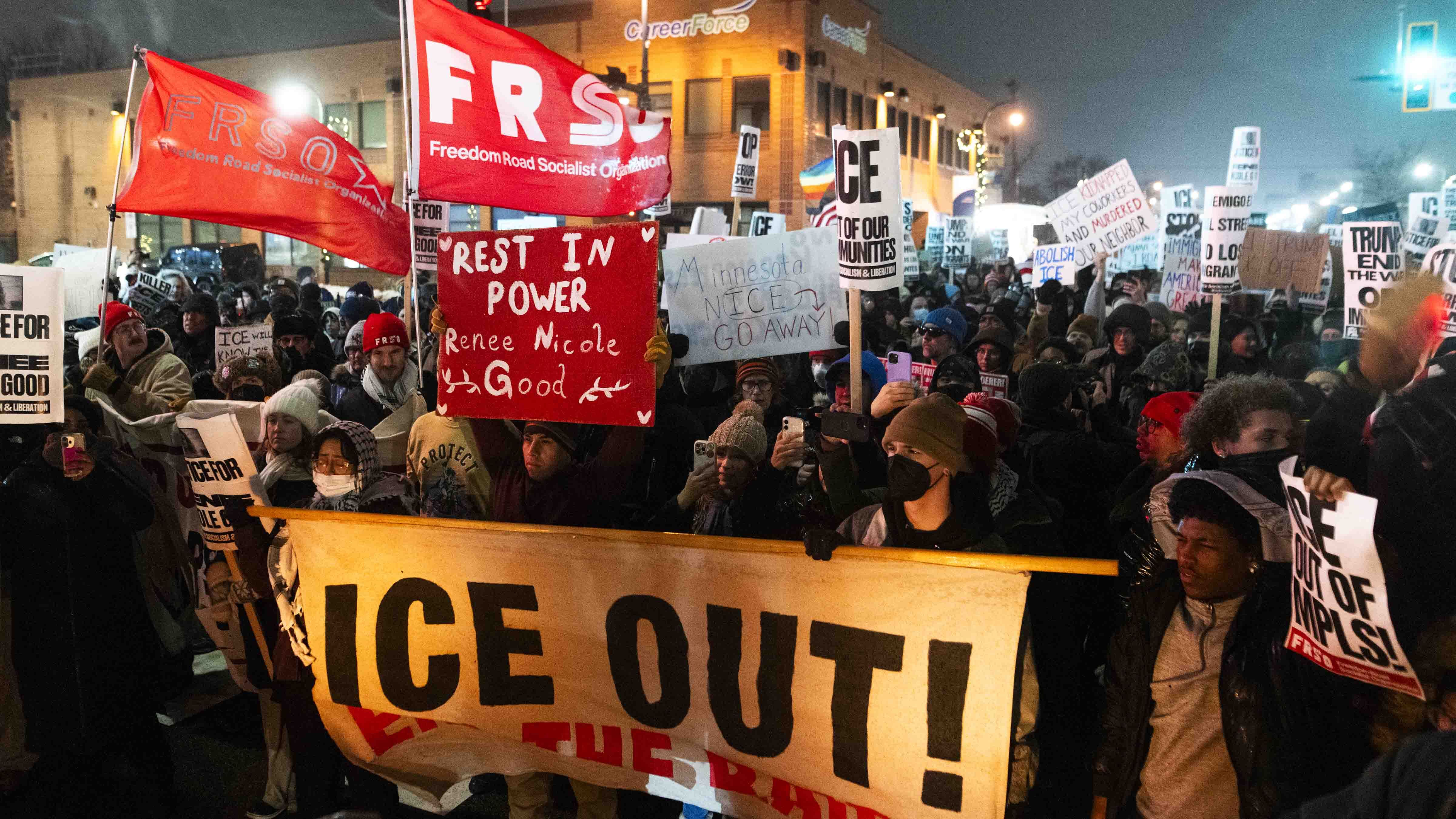People gather for a protest after the killing of Renee Nicole Good on January 08, 2026 in Minneapolis, Minnesota.