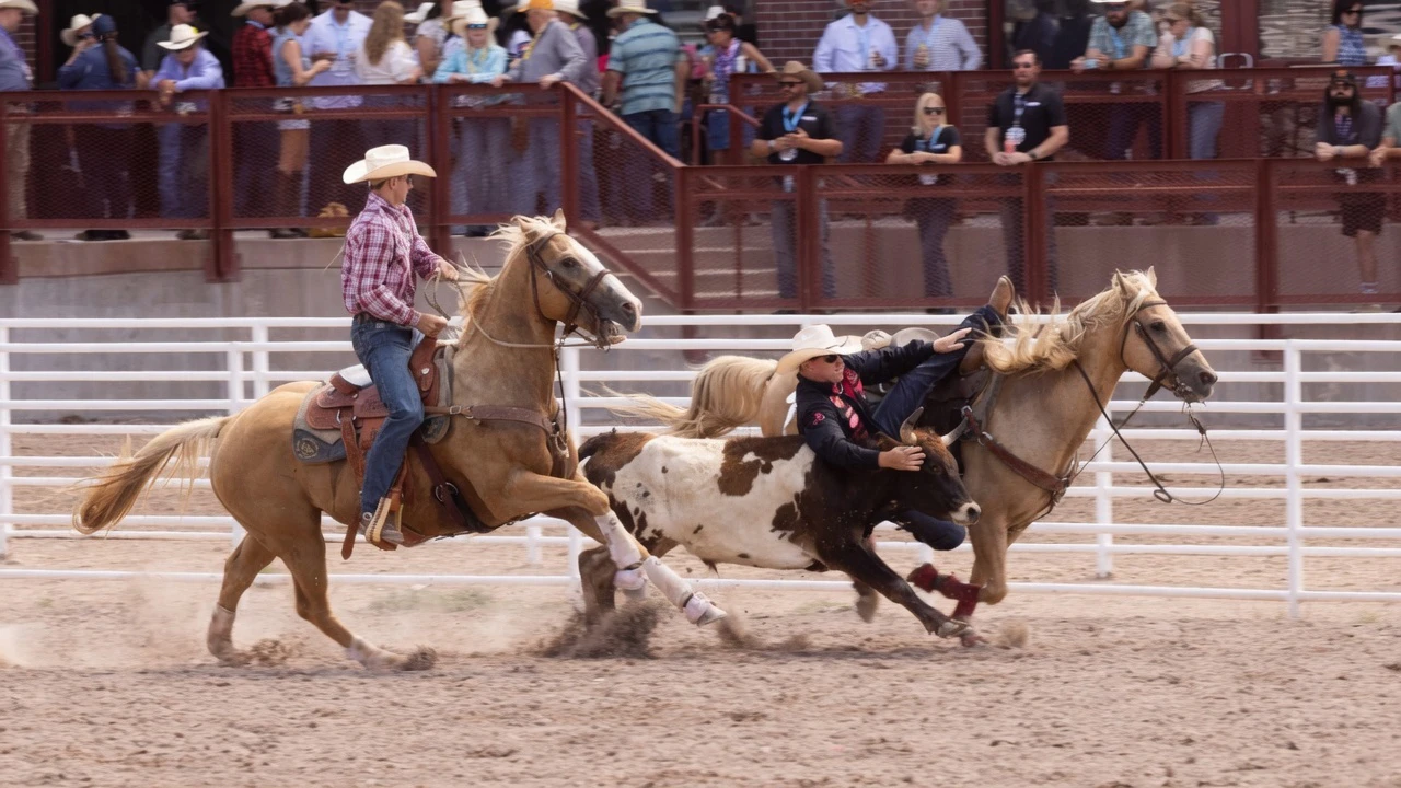 Dalton Walker from Bertram, TX, jumps off his horse to wrestle his steer in the steer wrestling at the Cheyenne Frontier Days rodeo on Friday, July 17.