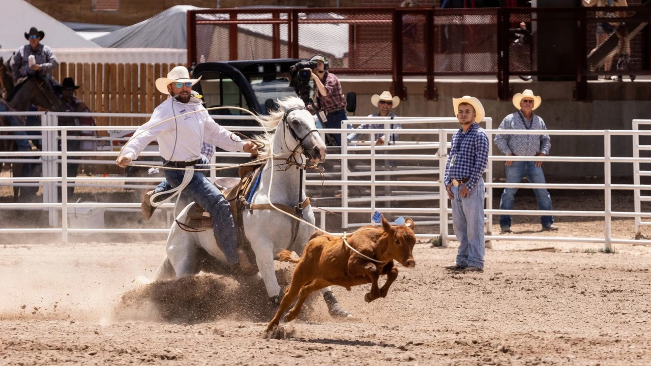 Trenton Smith from Bigfoot, TX, in the tie-down roping at the Cheyenne Frontier Days rodeo on Friday, July 17.