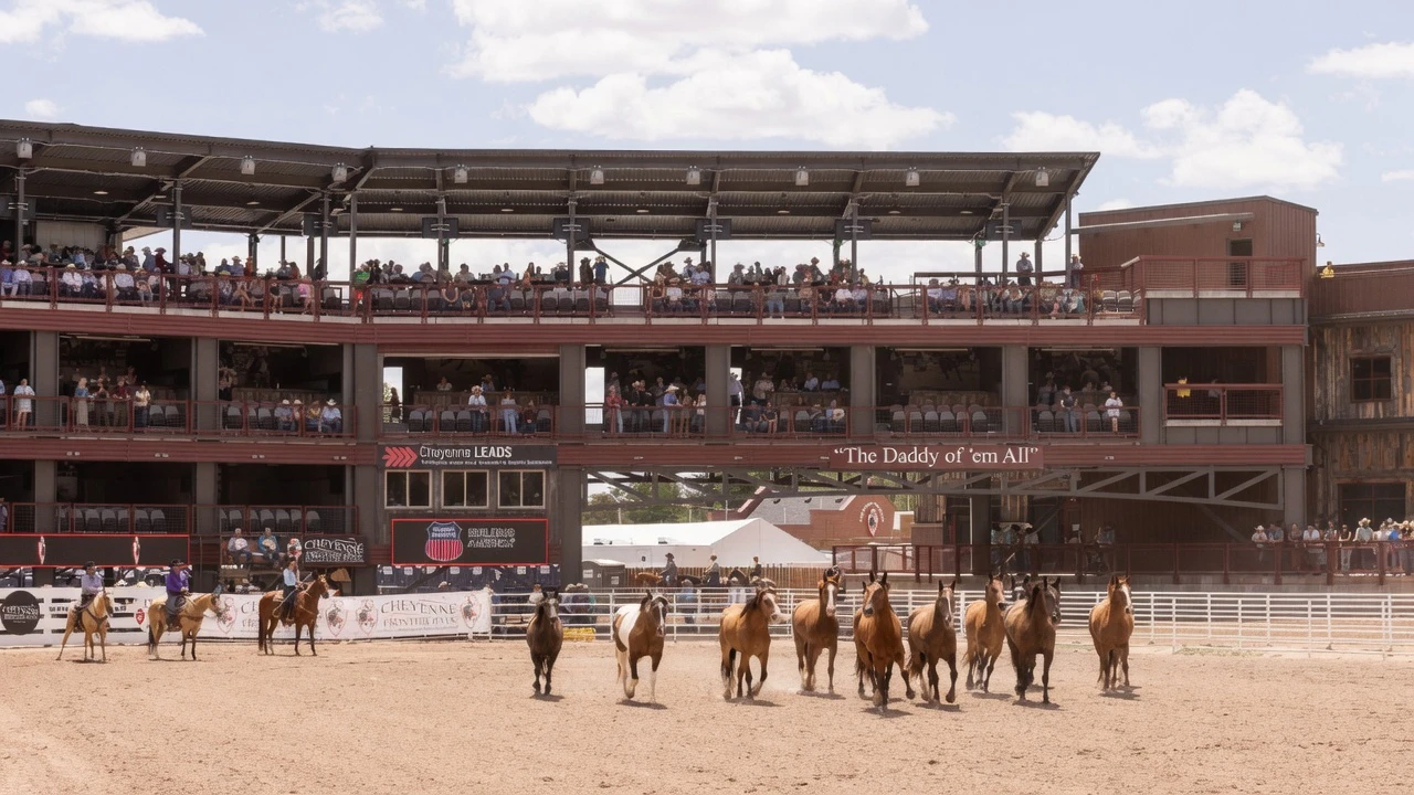 Trenton Smith from Bigfoot, TX, in the tie-down roping at the Cheyenne Frontier Days rodeo on Friday, July 17.