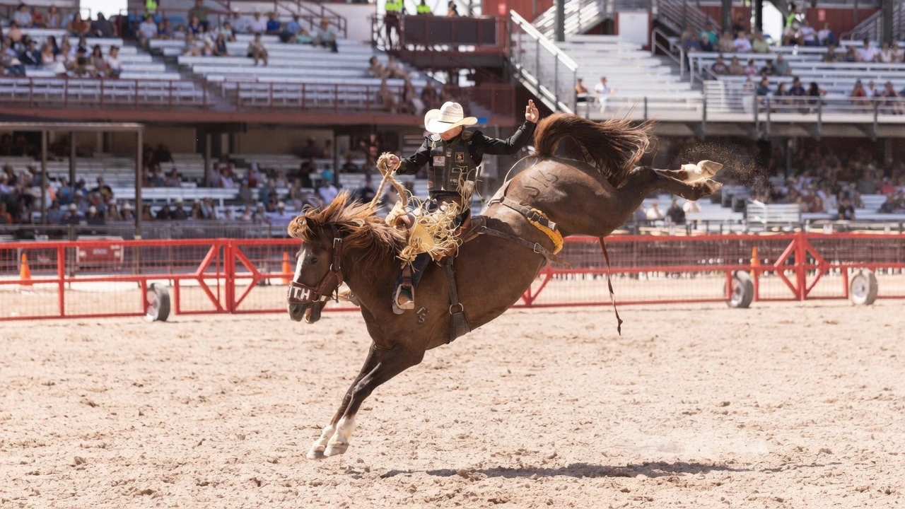Sage Newman from Melstone, MT, rides his horse for a score of 87 points to win the saddle bronc riding at the Cheyenne Frontier Days rodeo on Friday, July 17.