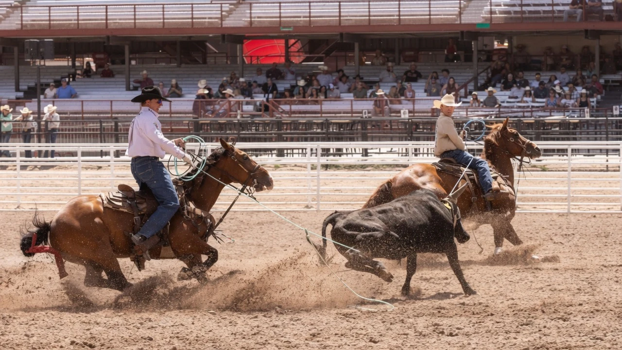 Riley Kittle from Woodland, AL, and Trey Yates from Pueblo, CO, competed in the team roping at the Cheyenne Frontier Days rodeo on Friday, July 17. Riley and Trey had the fastest time of the day with an 8.3-second run.