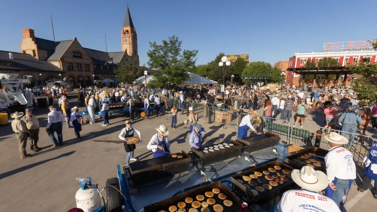 Pancakes fly at the Cheyenne Frontier Days Pancake Breakfast in downtown Cheyenne on Monday, July 20.