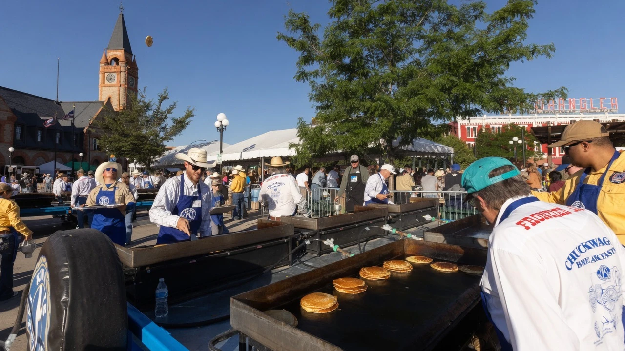 Pancakes fly at the Cheyenne Frontier Days Pancake Breakfast in downtown Cheyenne on Monday, July 20.