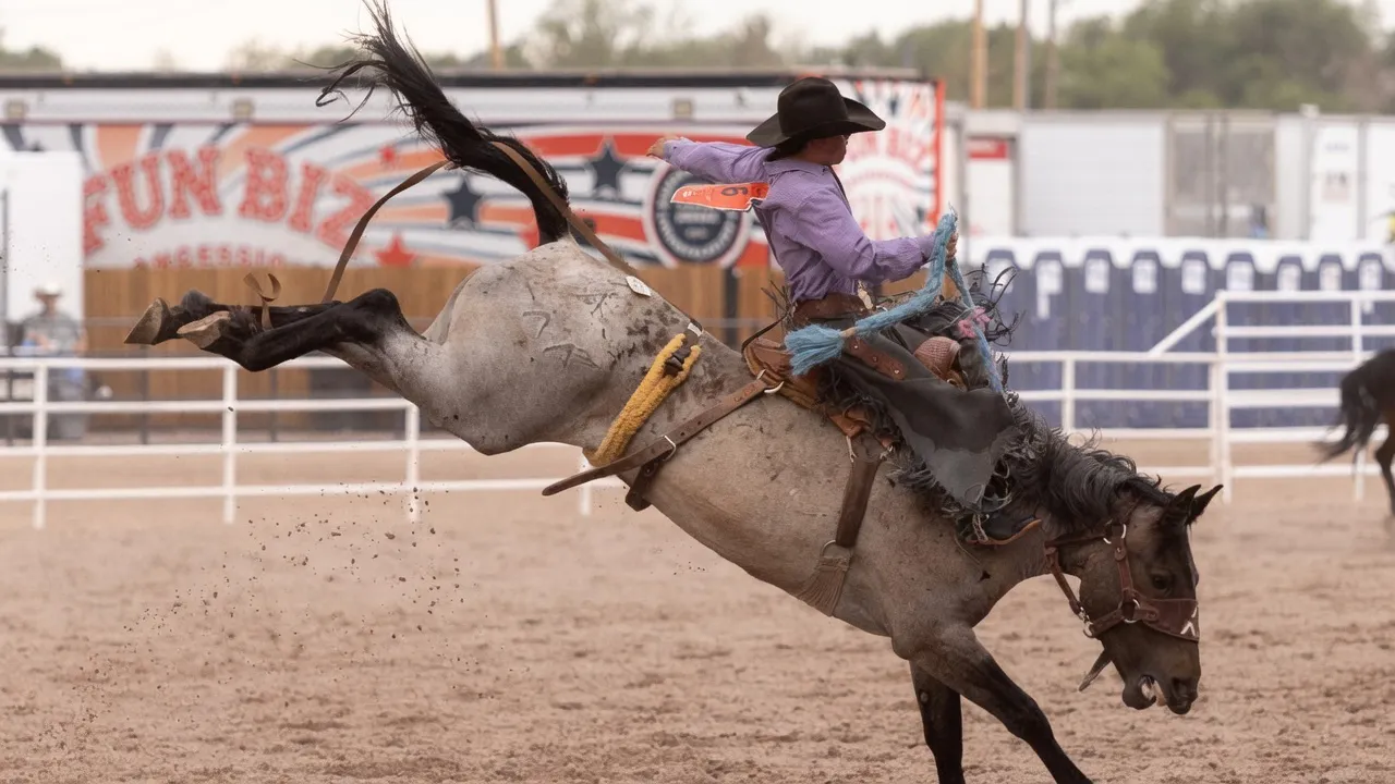 Trey Shadlock from Torrington, WY, in the rookie saddle bronc riding at the Cheyenne Frontier Days Rodeo on Wednesday, July 22.