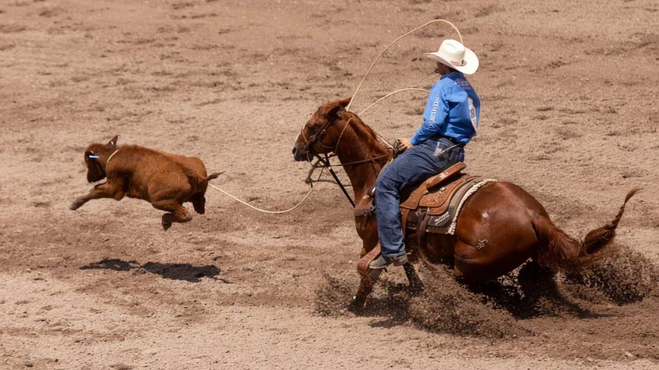 Kincade Henry from Mount Pleasant, TX, in the tie-down roping at the Cheyenne Frontier Days Rodeo on Wednesday, July 22.