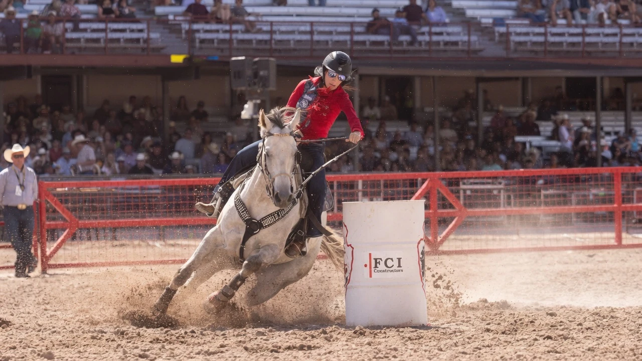 Anita Ellis, from Blackfoot, ID runs the barrels for a time of 17.87 seconds to win the barrel racing at the Cheyenne Frontier Days rodeo on Friday, July 17.