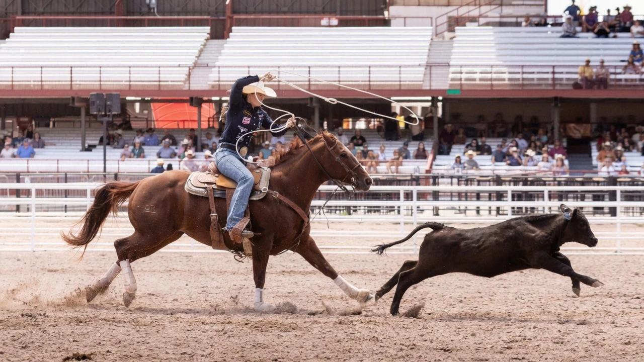 Shelby Boisjoli‑Meged from Calgary, AB chases her calf in the breakaway at the Cheyenne Frontier Days rodeo on Friday, July 17.