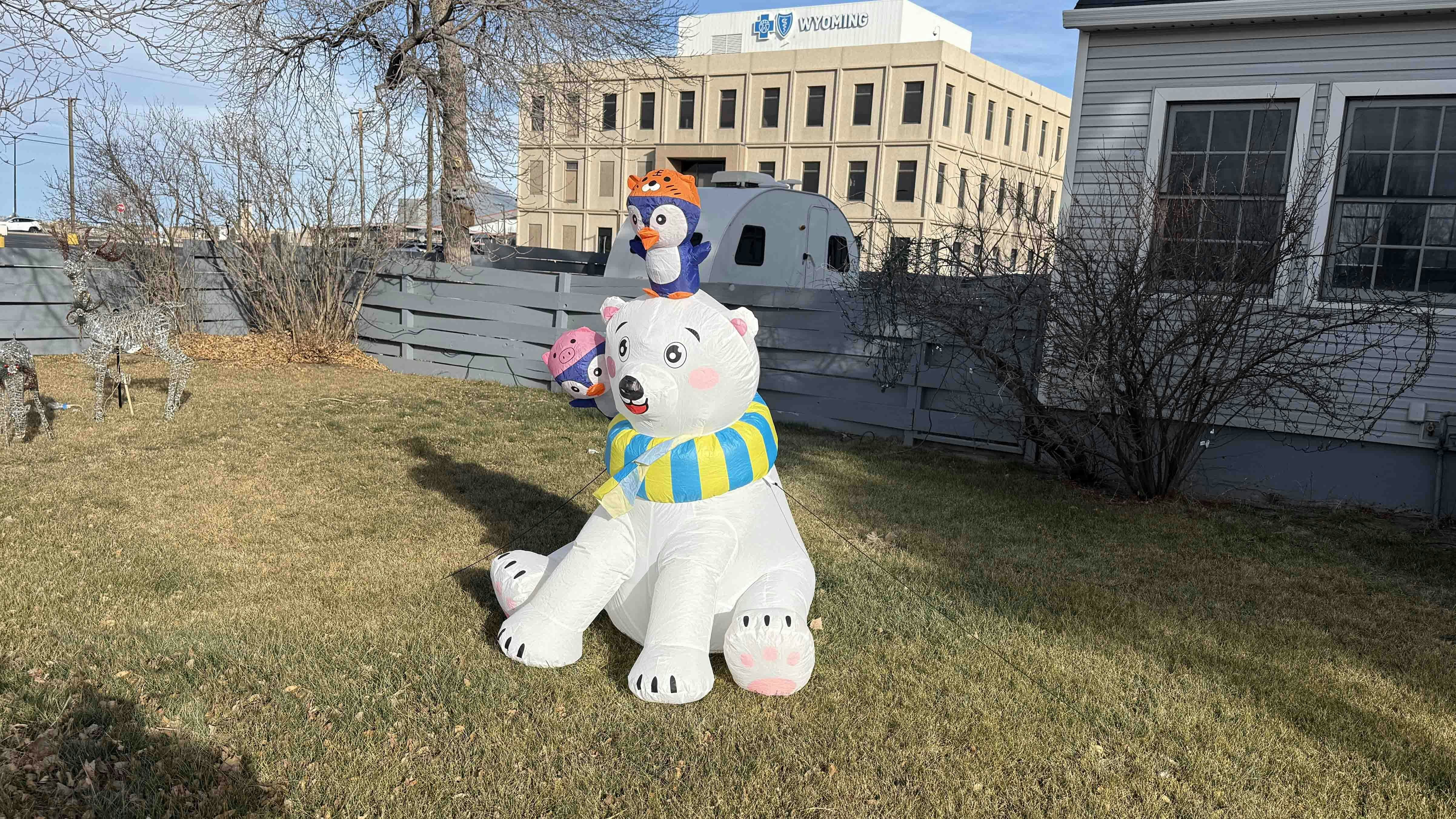 Inflatable polar bear on brown lawn in Cheyenne on Friday, December 26, 2025
