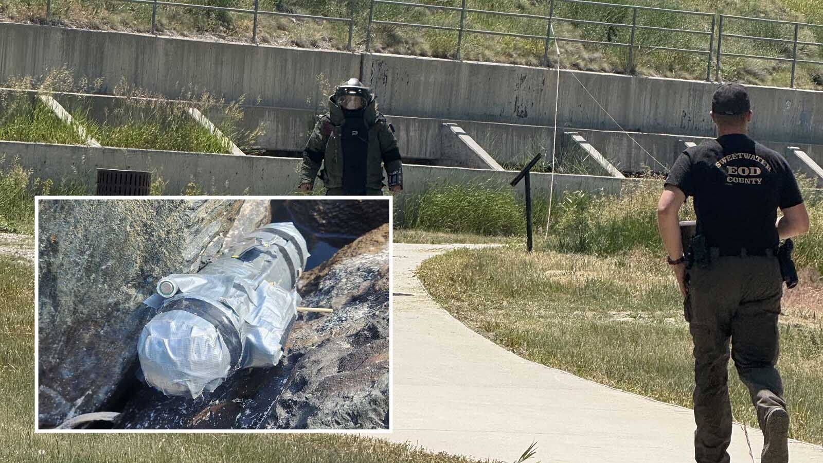 A bomb squad was called Wednesday, June 25, 2025, in response to what looked like a pipe bomb along Landers Idyllic Popo Agie River walk. The device was X-rayed and determined to be a fake pipe bomb.
