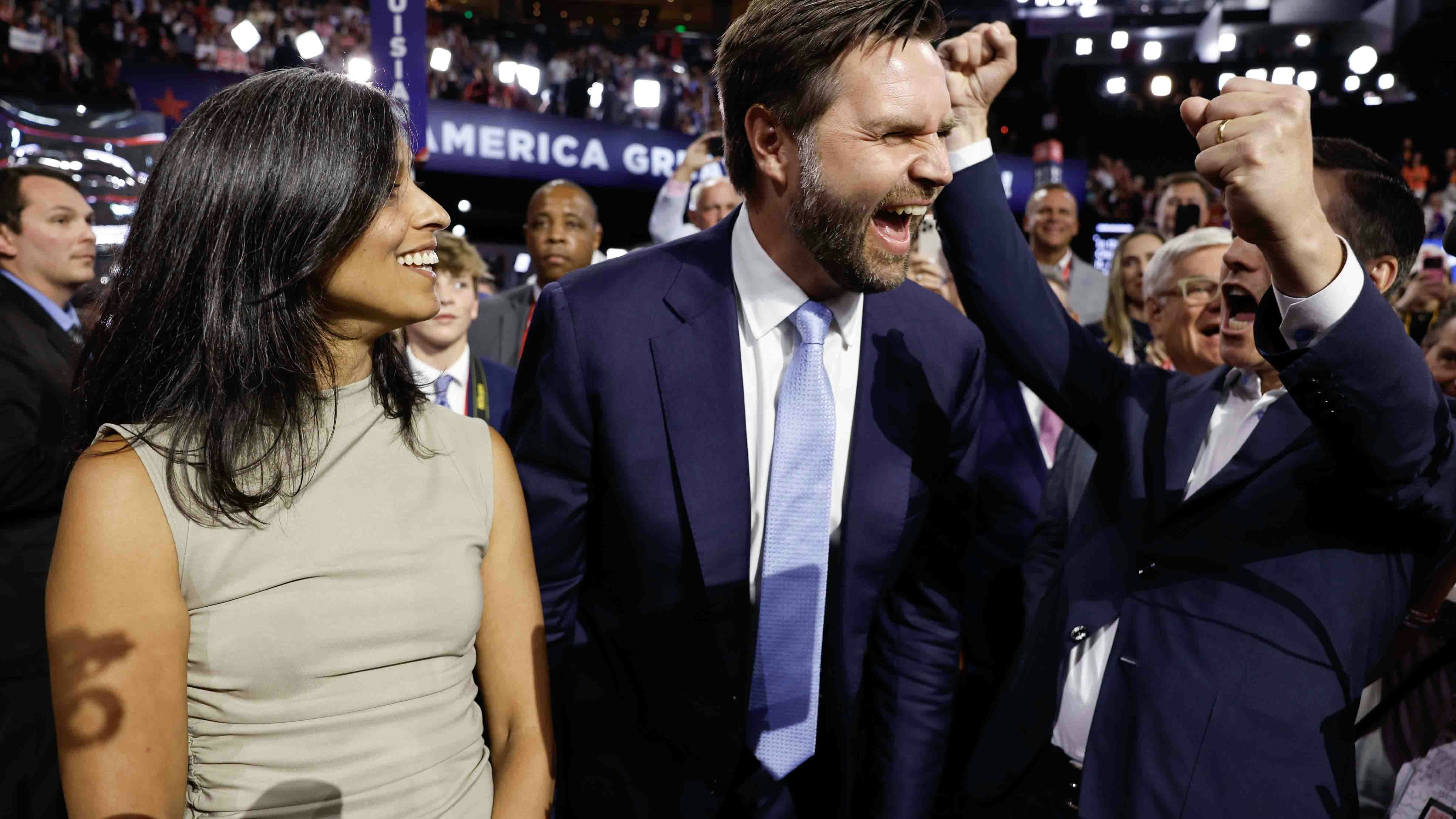 U.S. Sen. J.D. Vance (R-OH) and his wife Usha Chilukuri Vance celebrate as he is nominated for the office of Vice President alongside Ohio Delegate Bernie Moreno on the first day of the Republican National Convention at the Fiserv Forum on July 15, 2024 in Milwaukee, Wisconsin.