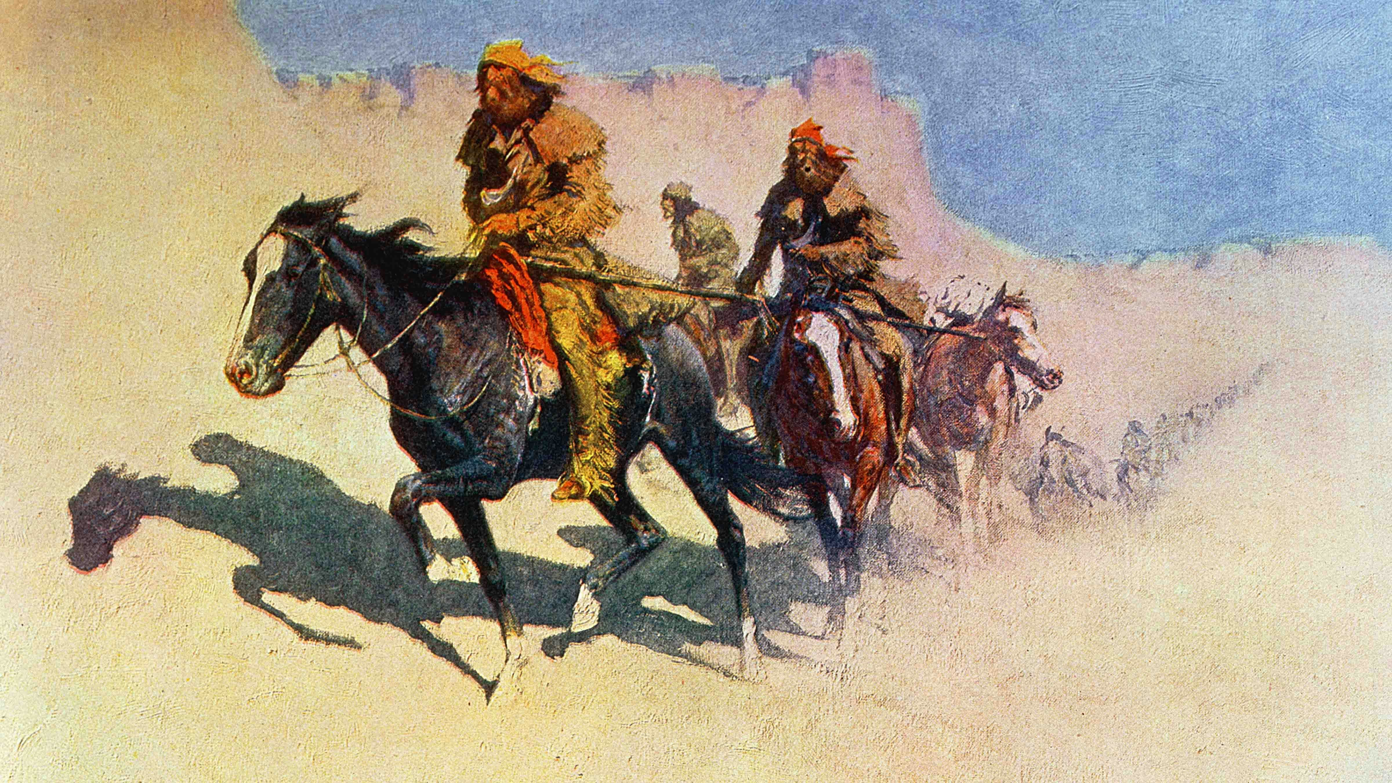 Jedediah Smith's party crossing the burning Mojave Desert during the 1826 trek to California, by Frederic Remington