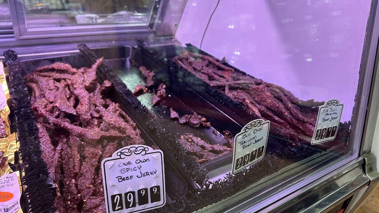 Deemo’s Meats in Ennis, Montana, displays its own brand of fresh-made jerky in the meat case.