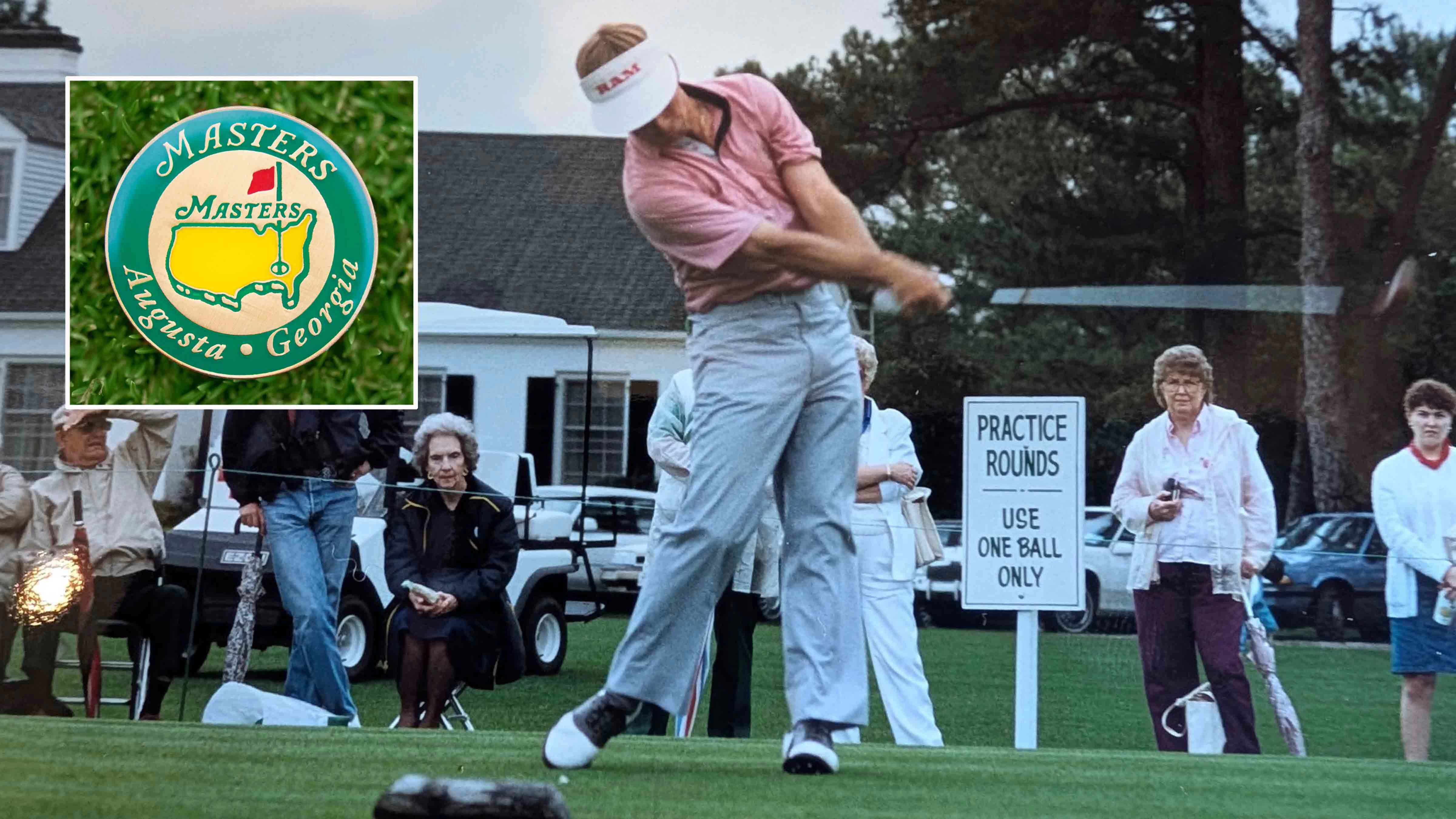 Sheridan, Wyoming's Jim Benepe during one of his two appearances as a pro golfer at The Masters. Inset: Masters ball marker