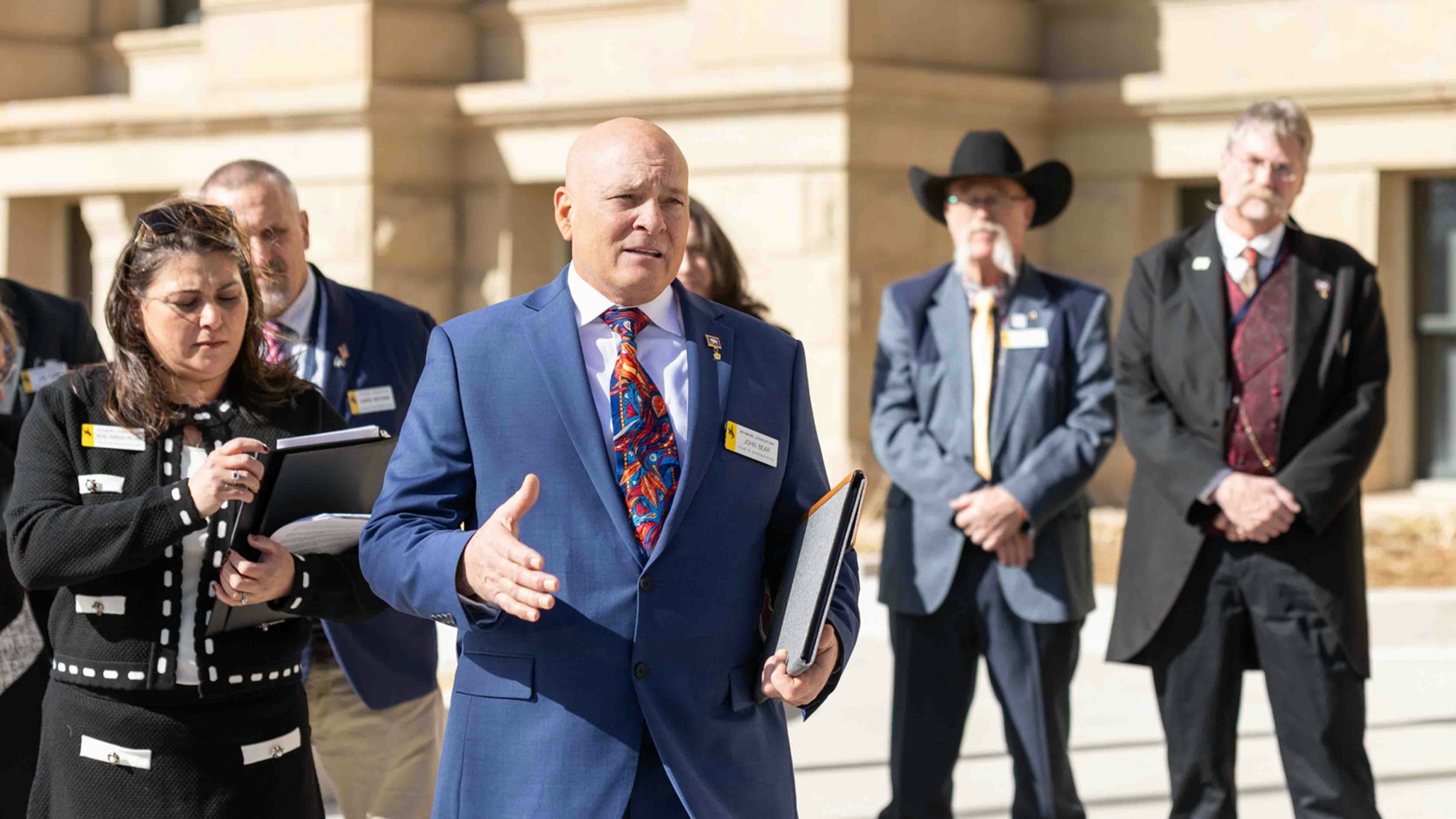 Representative John Bear speaks at the Freedom Caucus Press Conference at the Capitol on February 9.