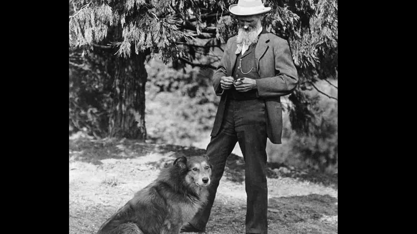 A photograph of author and naturalist John Muir and his dog. California, 1900.