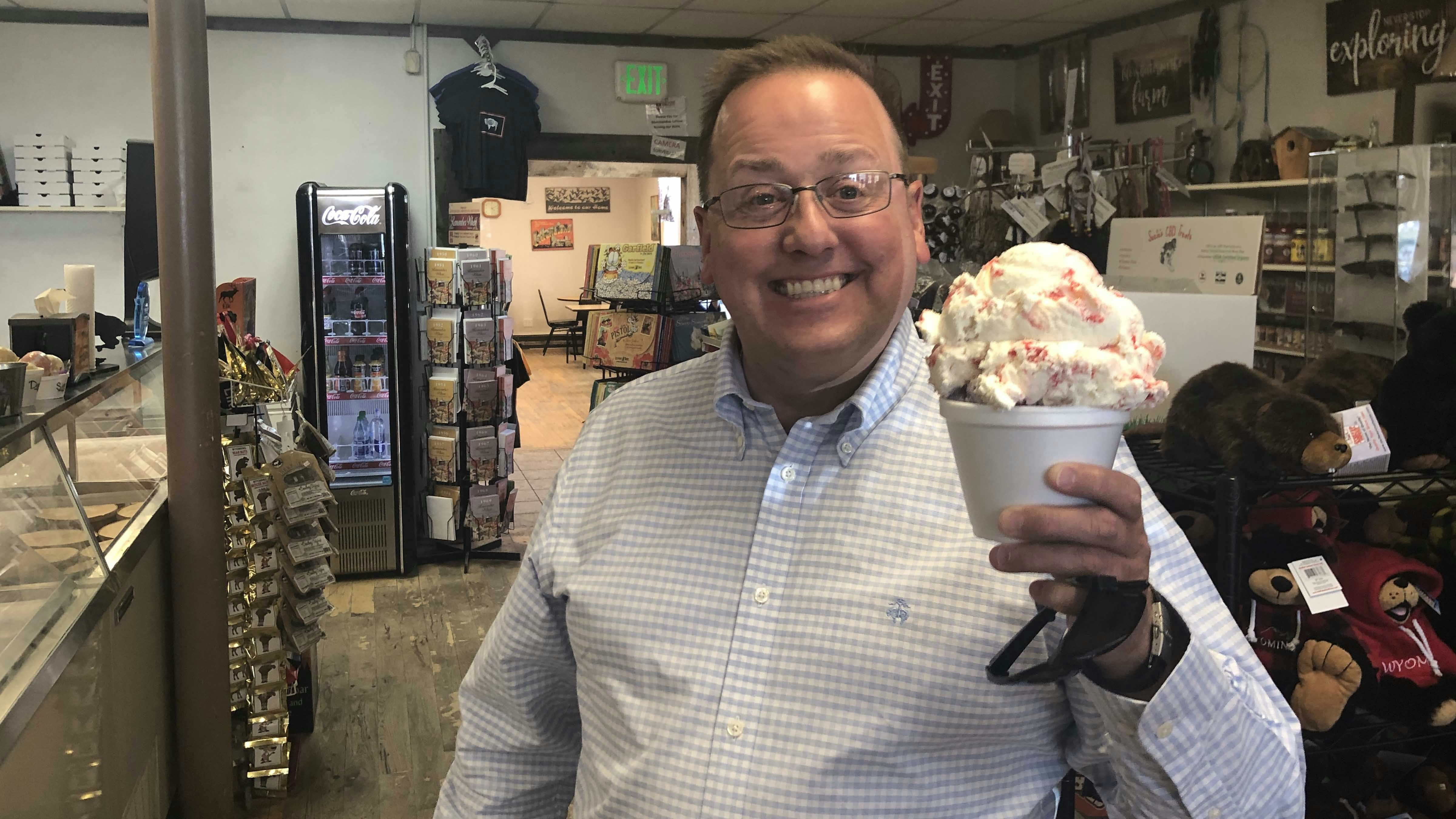 Lifelong Wyomingite Jonathan Downing enjoys a medium ice cream in a bowl.