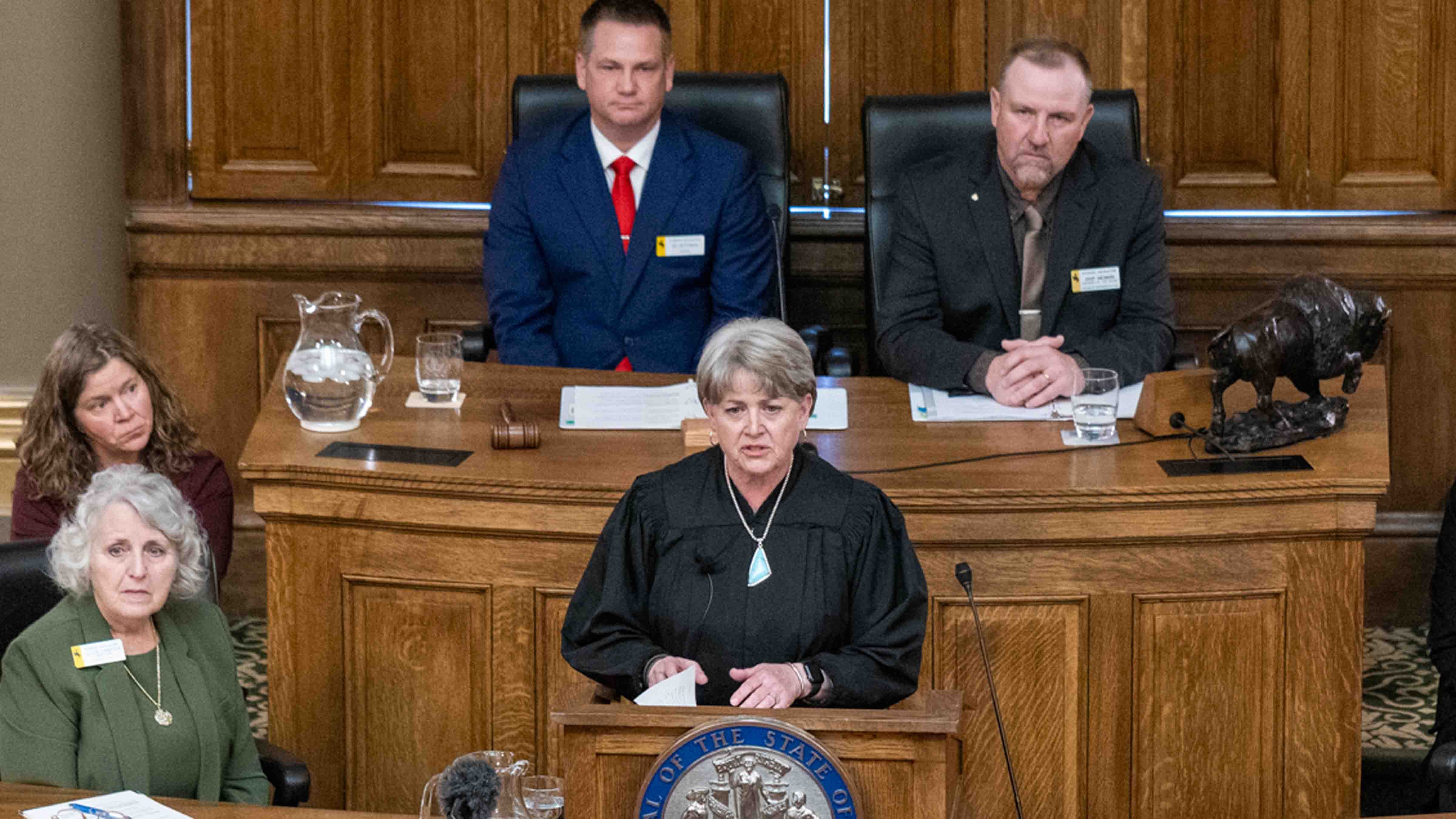 Wyoming Supreme Court Chief Justice Lynne J. Boomgaarden speaks at the opening session at the 68th Wyoming Legislature Budget Session on Monday, February 9.