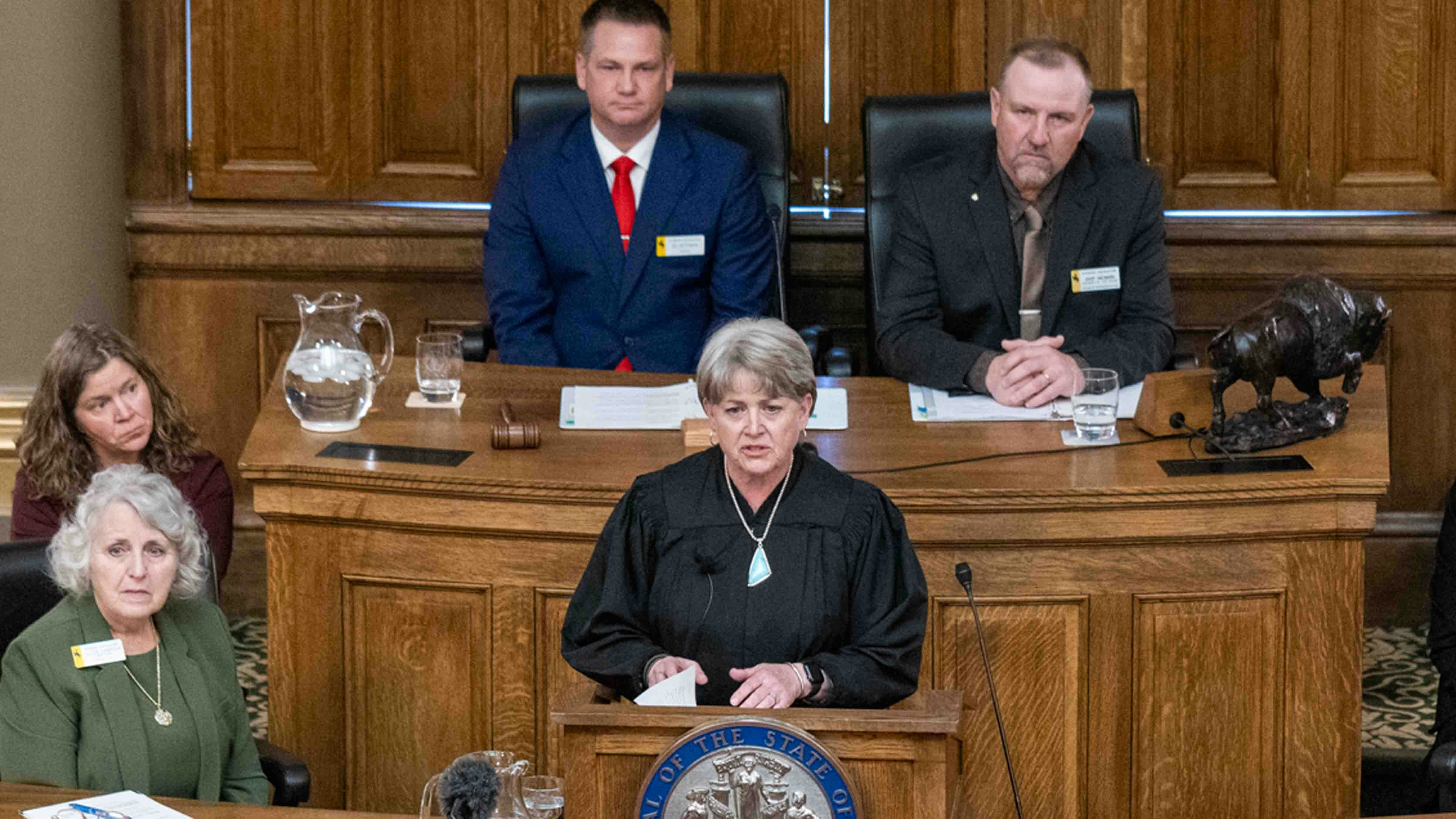 Wyoming Supreme Court Chief Justice Lynne J. Boomgaarden speaks at the opening session at the 68th Wyoming Legislature Budget Session on Monday, February 9.