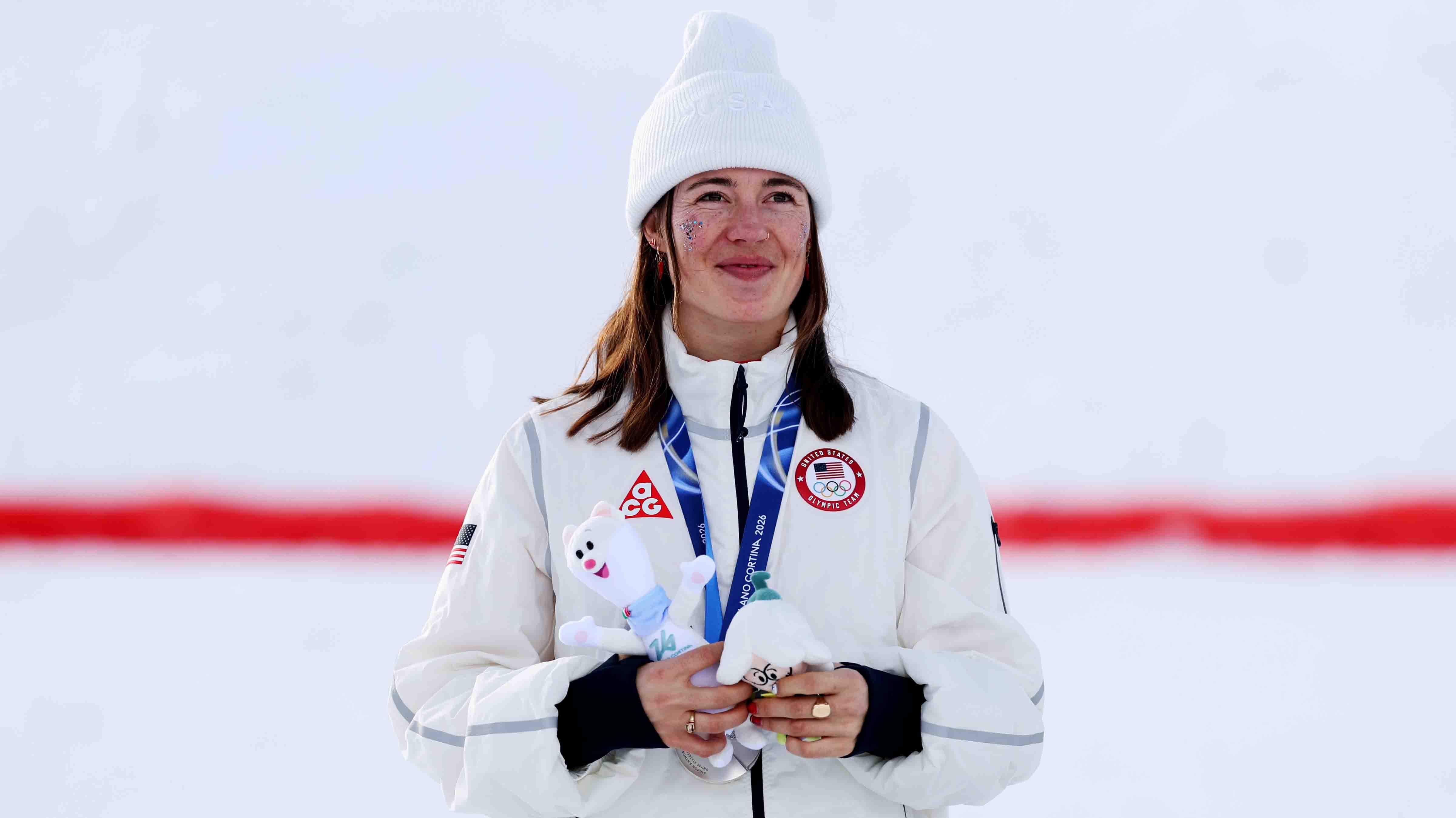 Silver medalist Jaelin Kauf of Team United States smiles during the medal ceremony for the Women’s Freestyle Ski Moguls on day five of the Milano Cortina 2026 Winter Olympic games at Livigno Air Park on February 11, 2026 in Livigno, Italy.