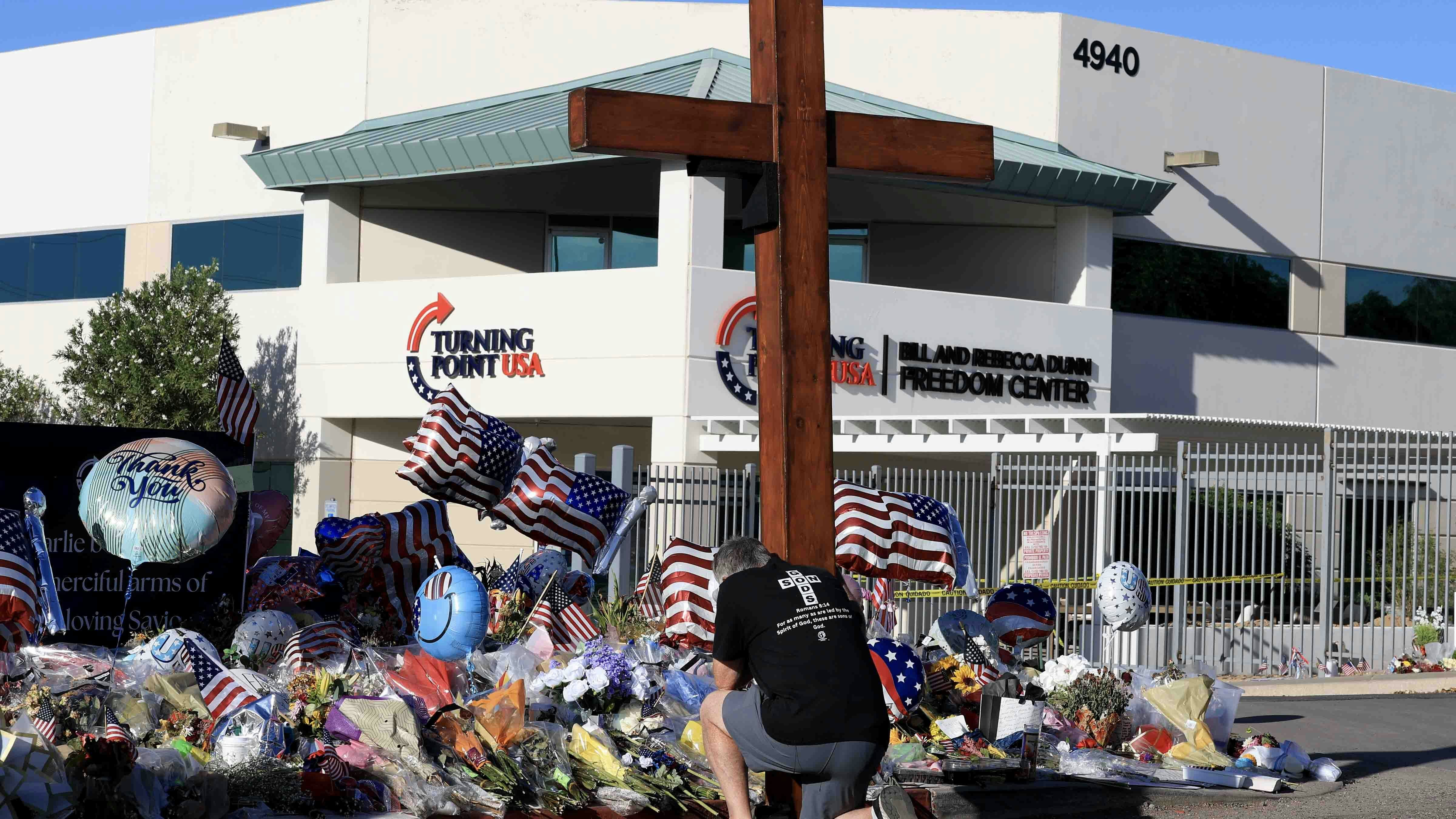 Makeshift memorial for Charlie Kirk outside of the headquarters of Turning Point USA on September 16, 2025 in Phoenix, Arizona.