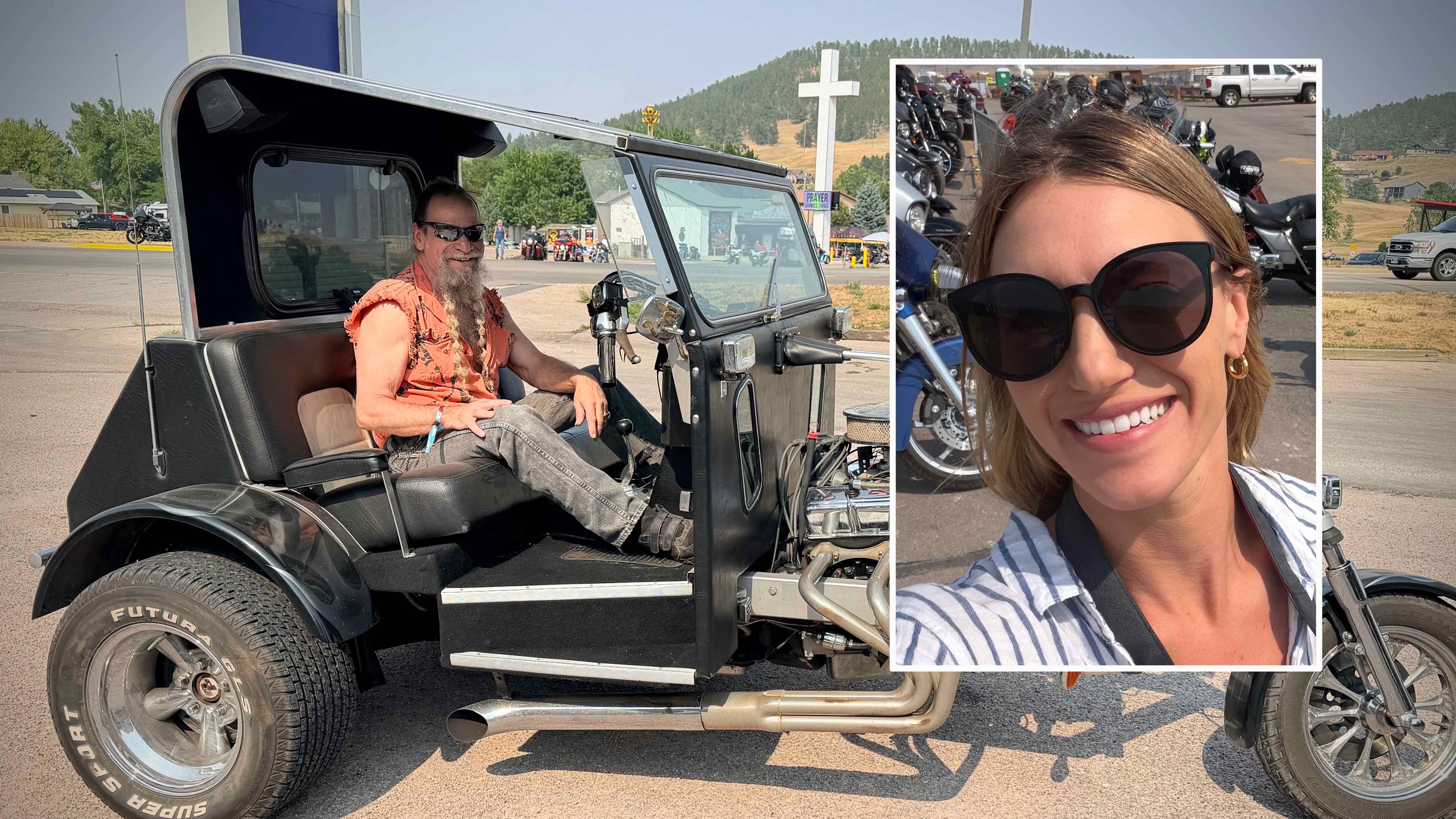 Manny Myers (left) of Louisiana has been coming to Sturgis for 50 years. Kolby Fedore (right) joined Manny on a 3-wheeler called "The Pantydropper" and was pulled over by the highway patrol.