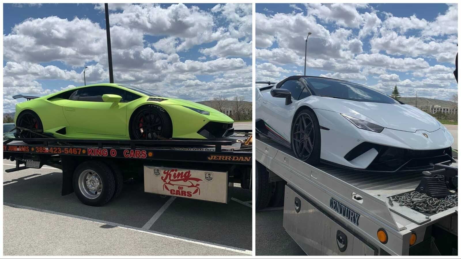 The Wyoming Highway Patrol says two Colorado men tried to smuggle two stolen Lamborghinis through Interstate 80 in Wyoming last month.