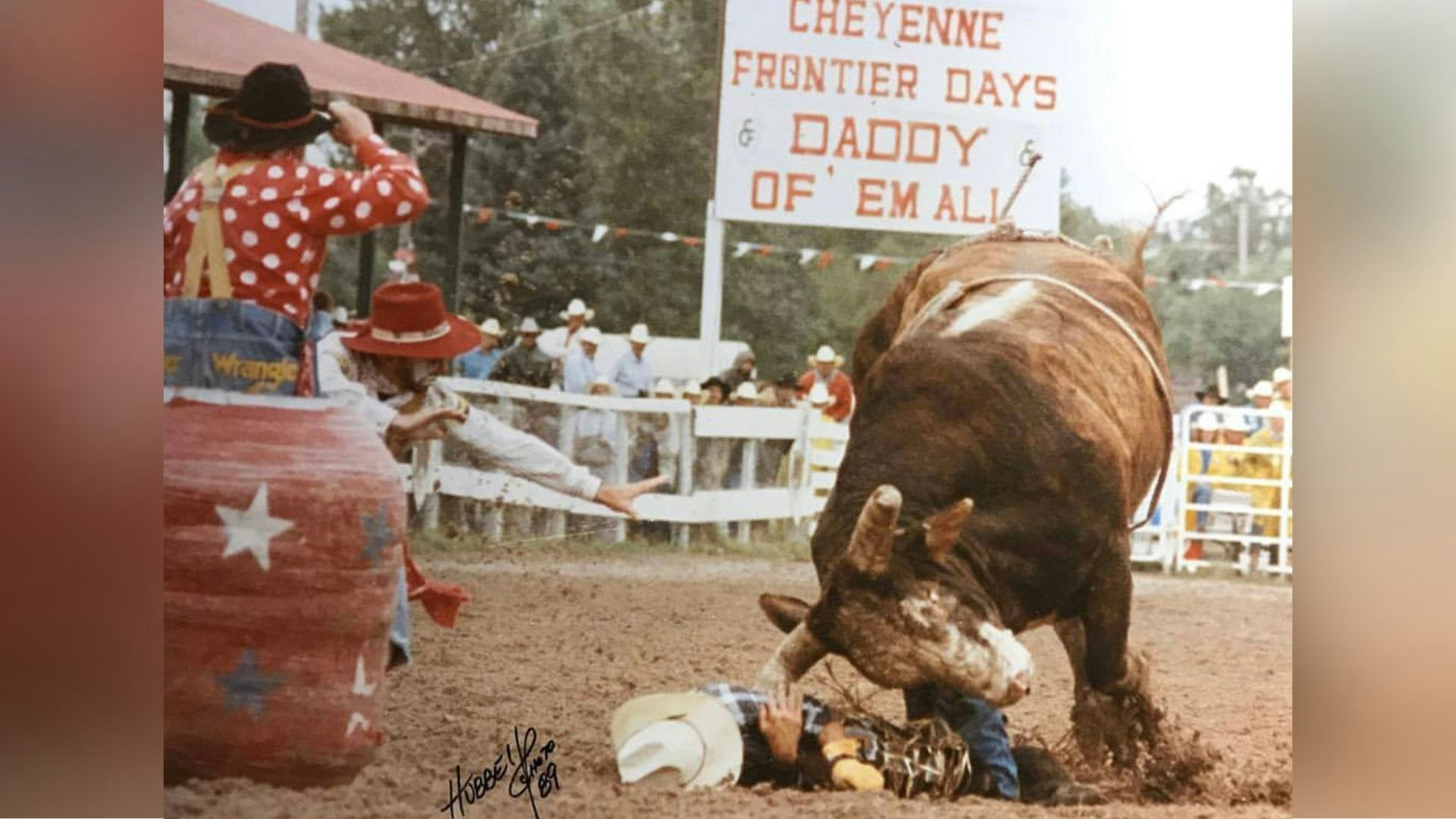 Lane Frost at 1989 Cheyenne Frontier Days when bull Takin' Care of Business struck him after the ride. He was pronounced dead at a local hospital.